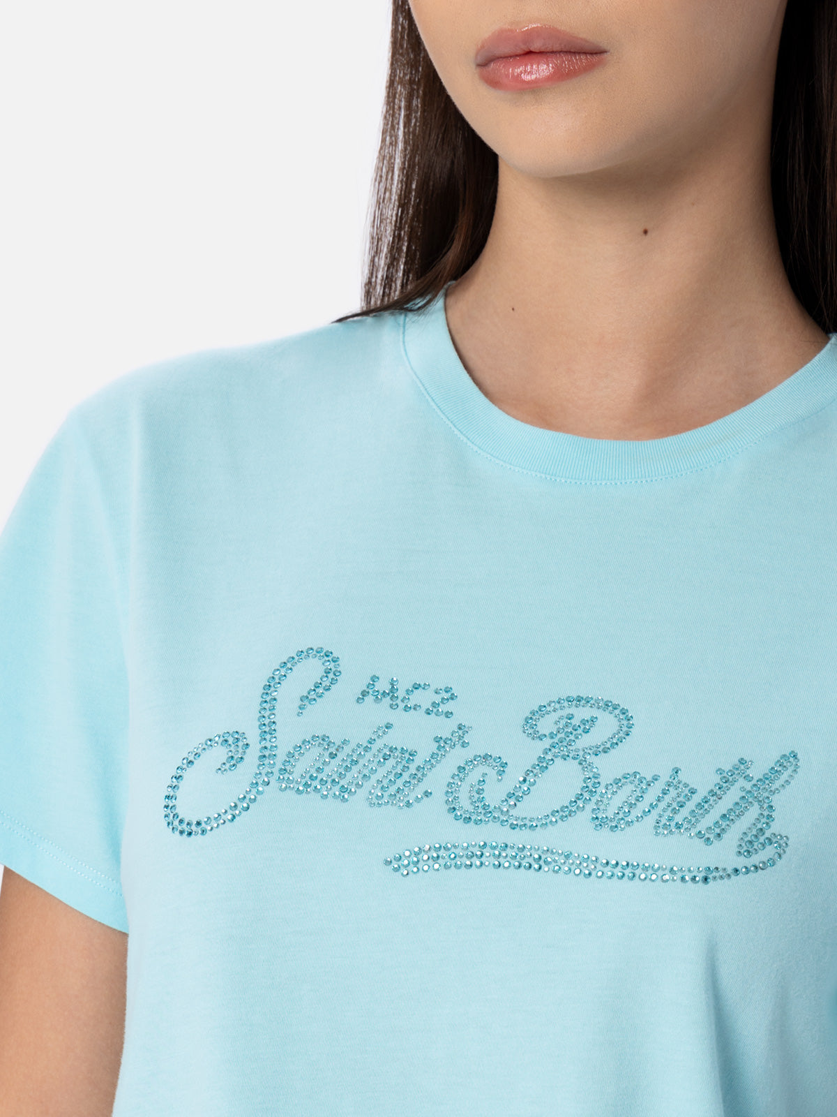 mc2-saint-barth-t-shirt-emilie-donna-in-cotone-verde-acqua-con-strass image 2