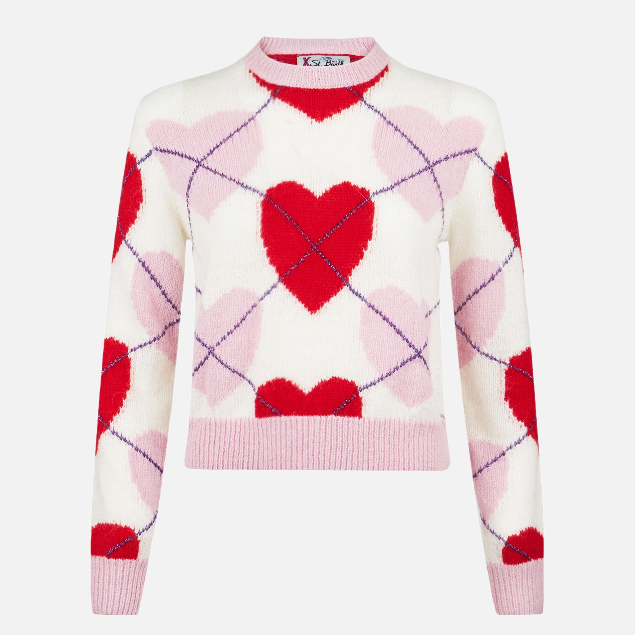 mc2-saint-barth-new-queen-crop-soft-maglione-donna-argyle-cuori-rosa-rosso image 4