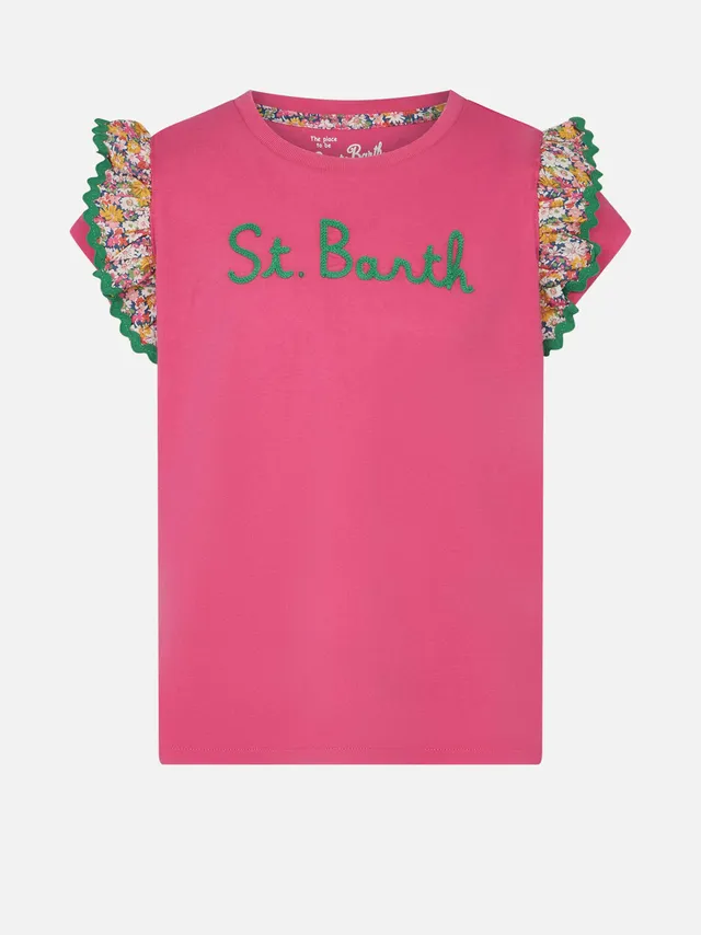 mc2-saint-barth-t-shirt-da-bambina-in-cotone-con-balza-floreale-e-ricamo-st-bart image 1
