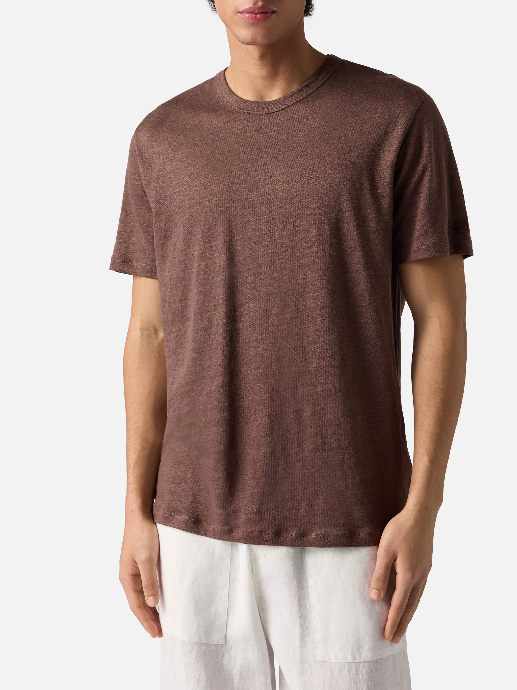 mc2-saint-barth-ecstasea-t-shirt-uomo-in-puro-lino-marrone-con-logo-ricamato image 2