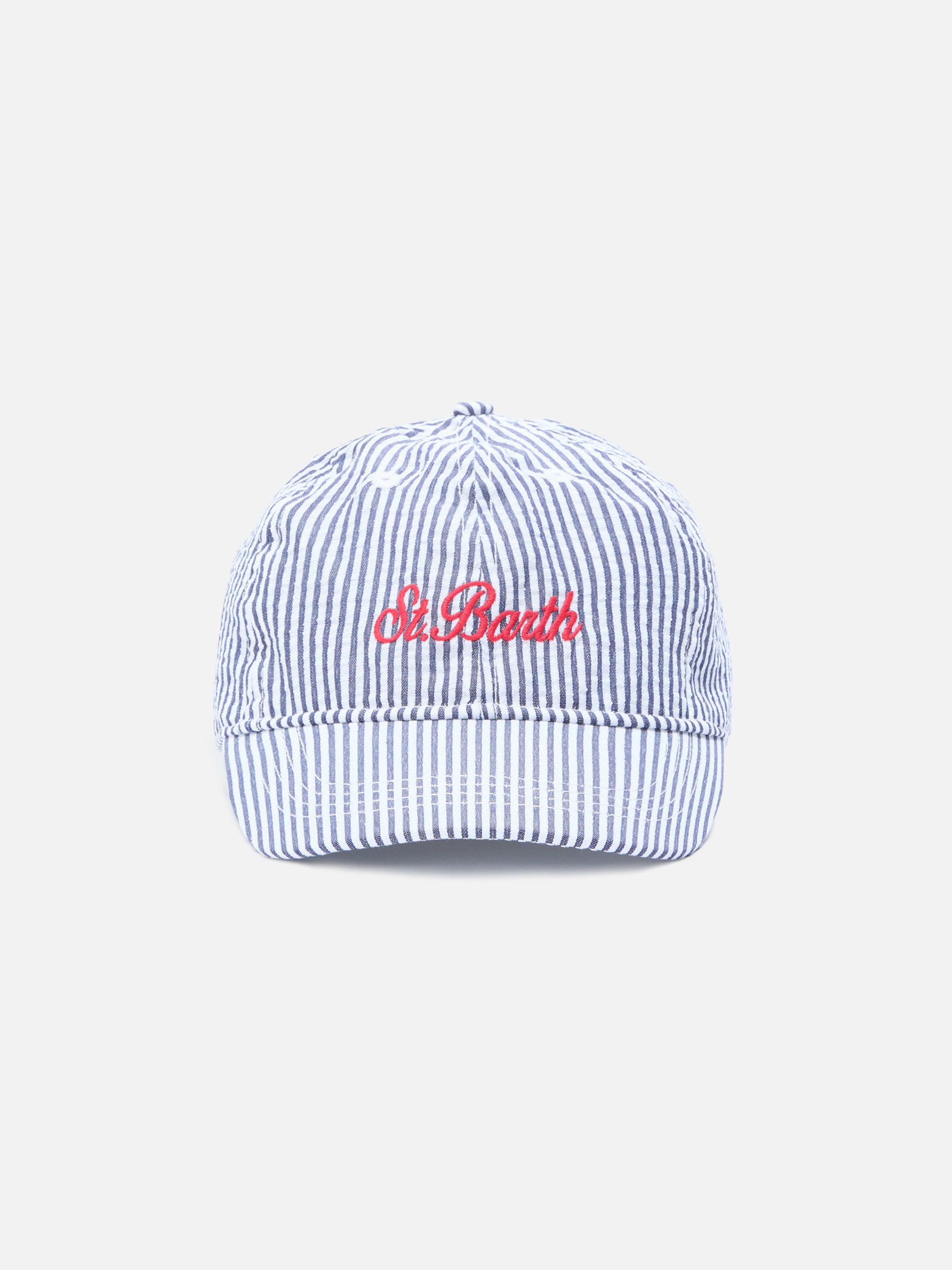 mc2-saint-barth-baseball-cappellino-con-visiera-in-cotone-seersucker-a-righe-blu image 1