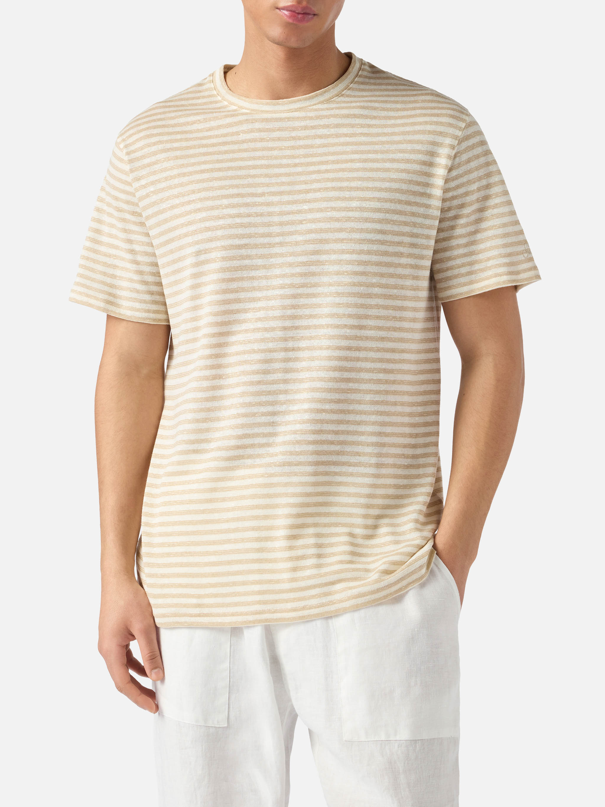 mc2-saint-barth-t-shirt-dover-uomo-in-cotone-a-righe-beige-con-ricamo-logo image 3