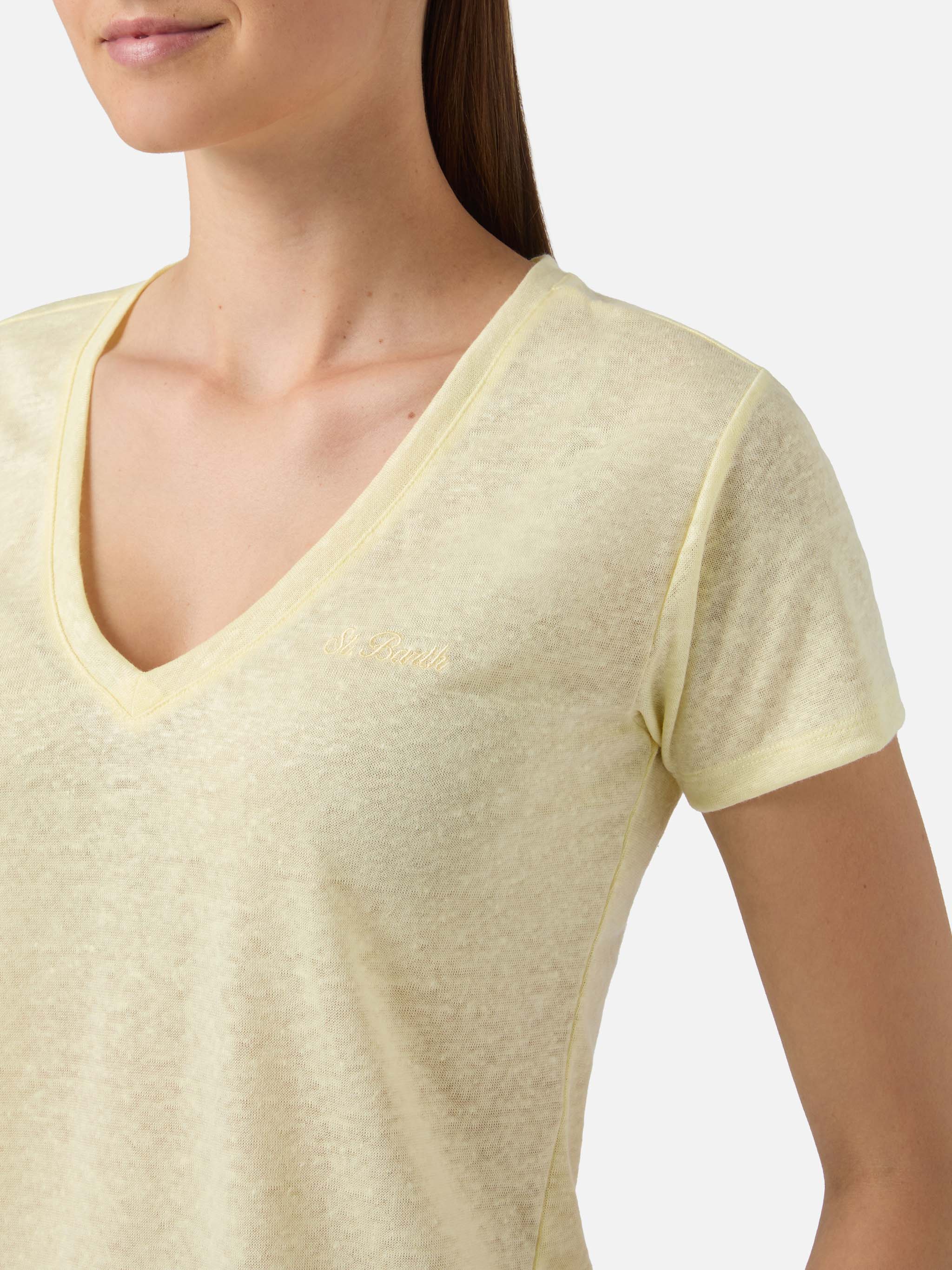 mc2-saint-barth-eloise-t-shirt-da-donna-gialla-in-lino-con-logo-ricamato-tono-su image 5