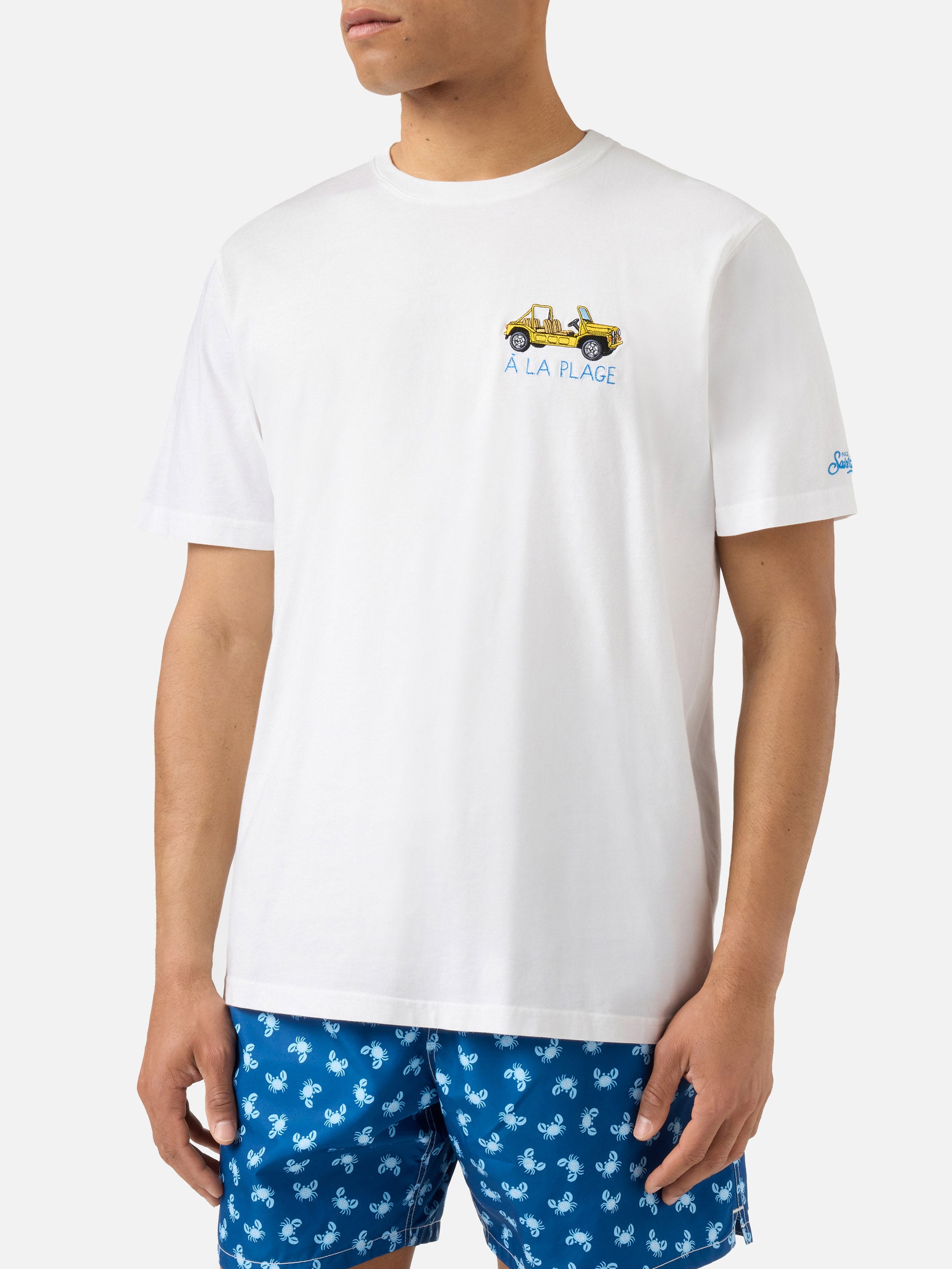 mc2-saint-barth-portofino-t-shirt-uomo-bianca-cotone-ricamo-la-plage image 3