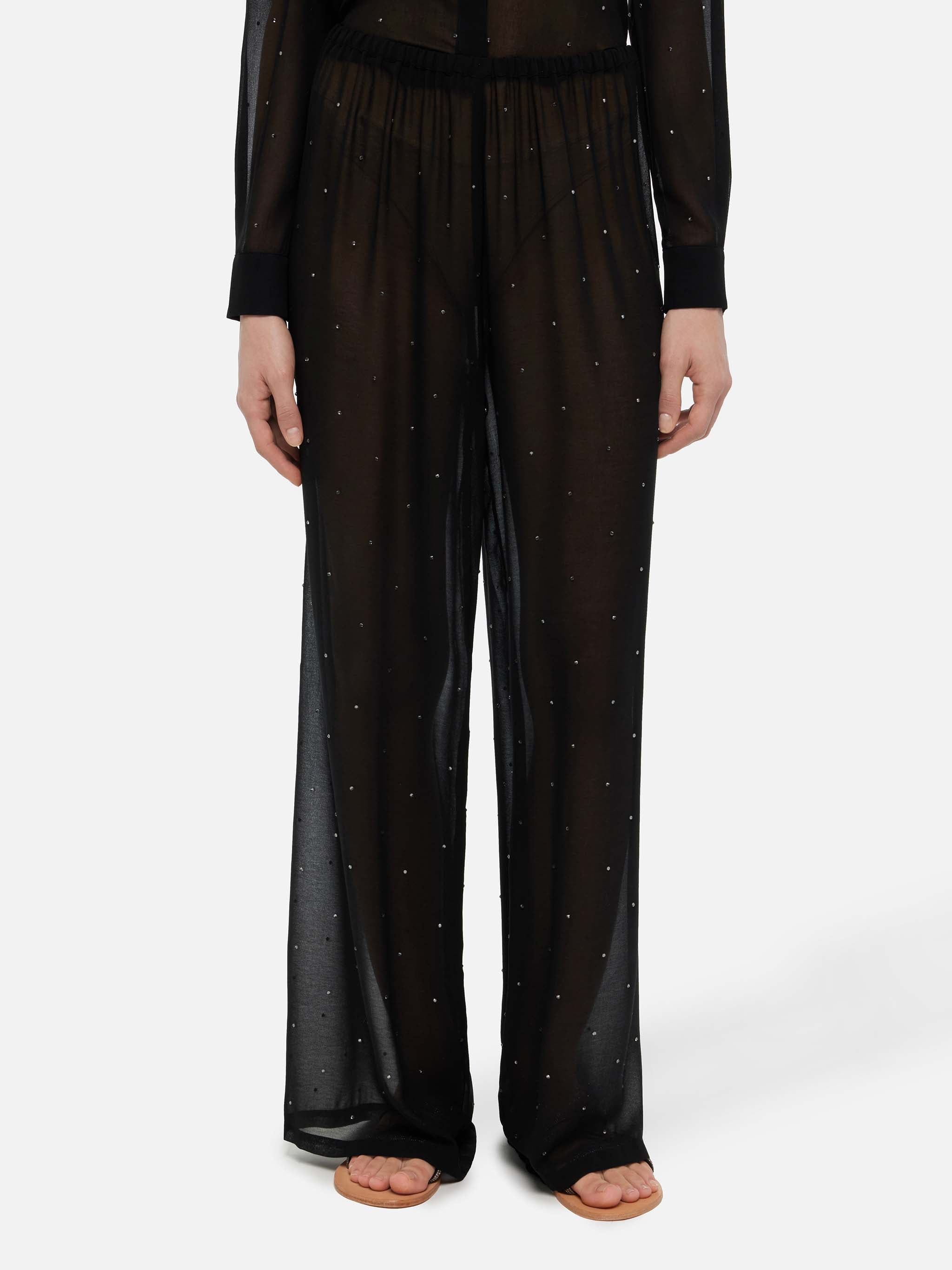 mc2-saint-barth-amalia-pantaloni-donna-georgette-nera-strass-gamba-larga image 1