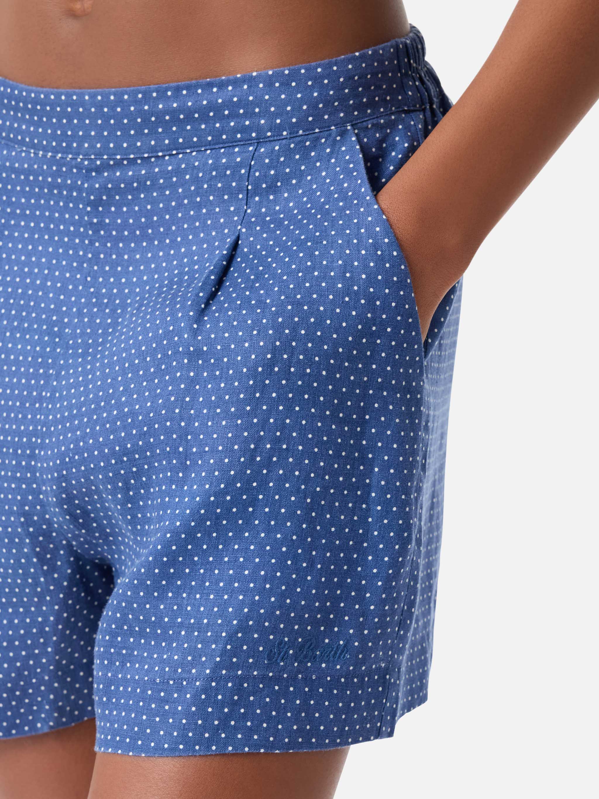 mc2-saint-barth-amani-short-donna-lino-blu-bianco-micro-pois-vita-elasticizzata image 3