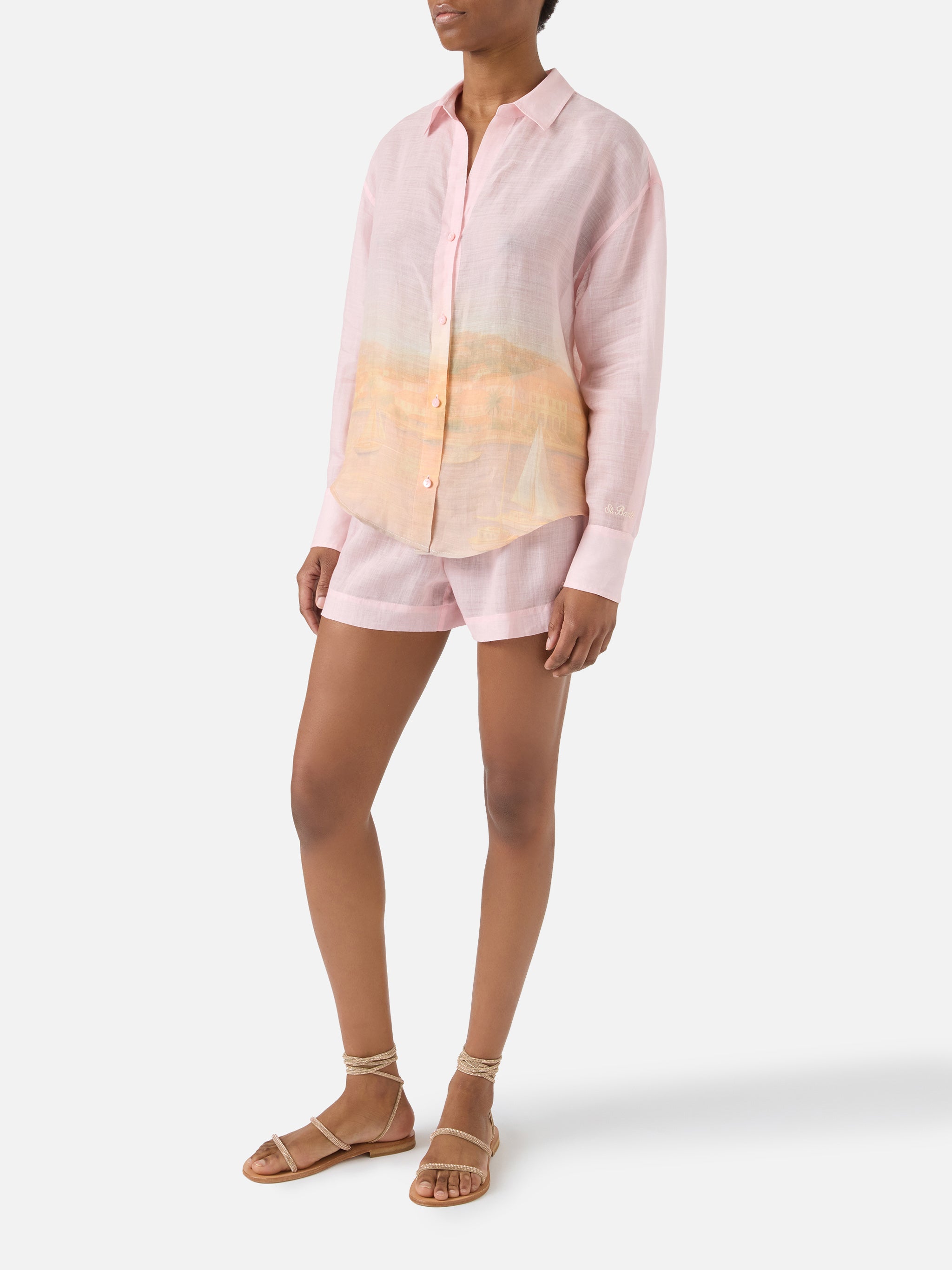 mc2-saint-barth-cristal-camicia-donna-in-ramie-stampa-sunset-rosa-fit-oversize image 2