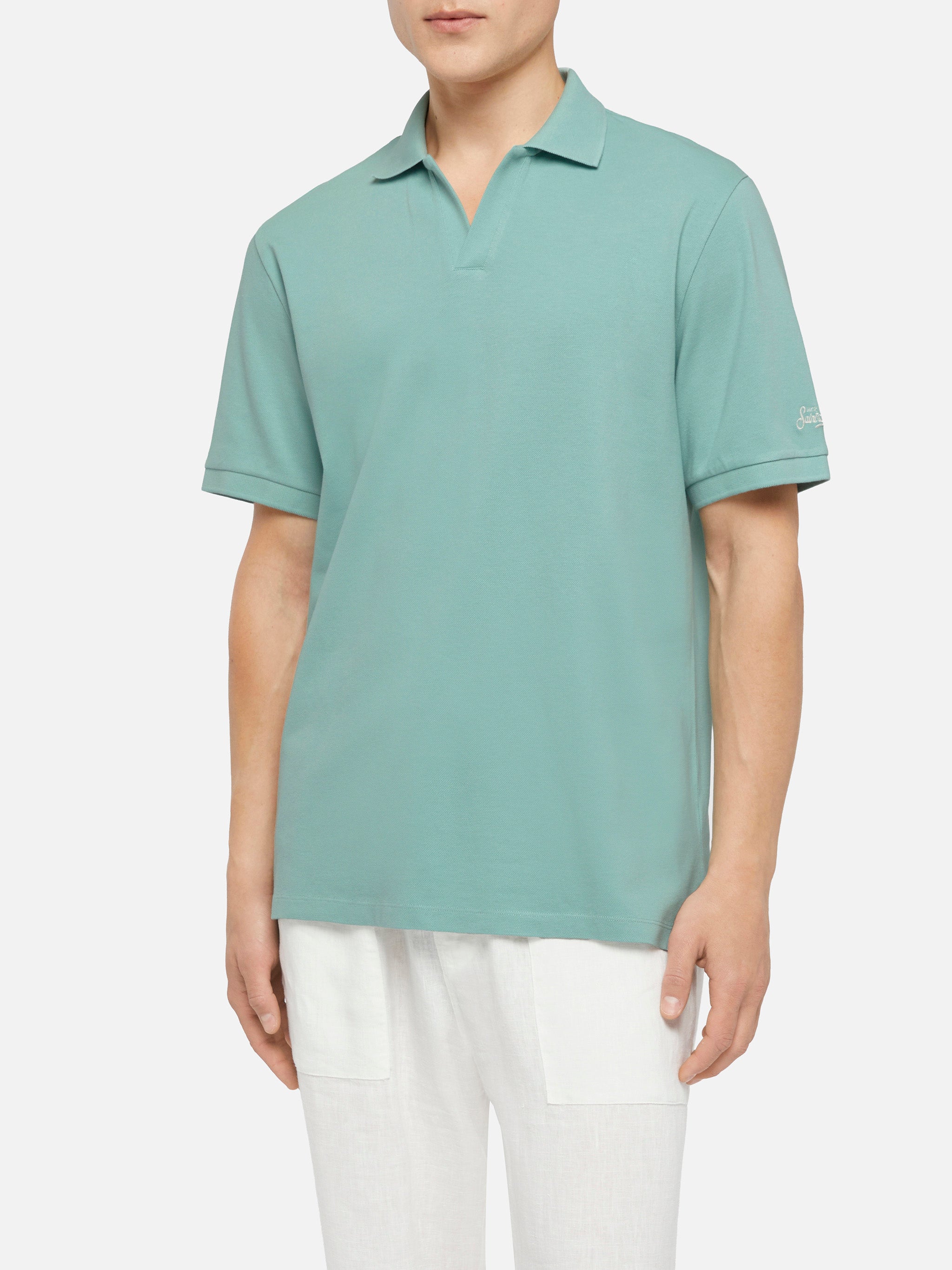 mc2-saint-barth-polo-charles-in-piquet-di-cotone-verde-salvia-senza-bottoni image 1
