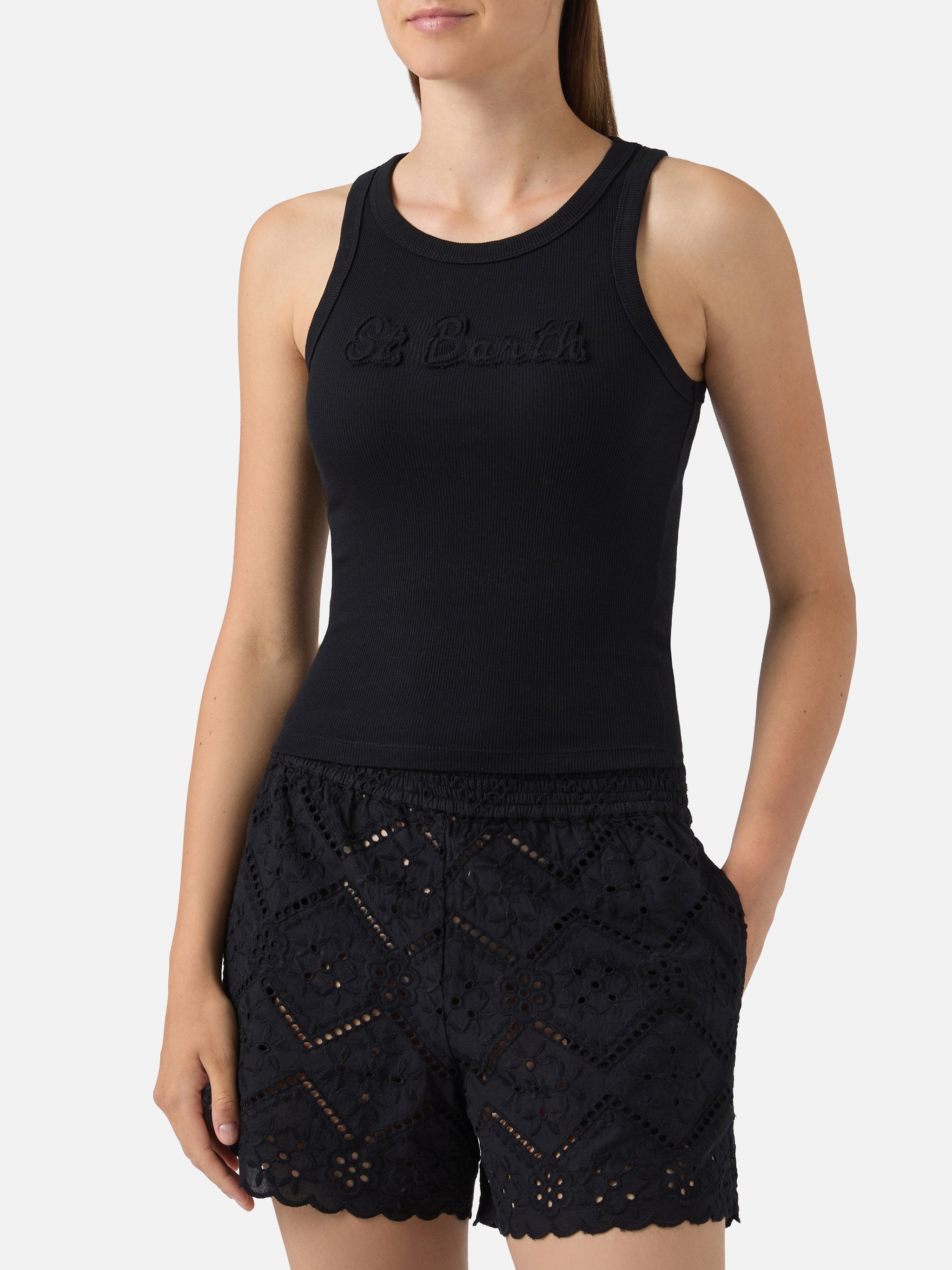 mc2-saint-barth-canottiera-ada-in-cotone-elasticizzato-a-costine-nera-con-patch- image 2