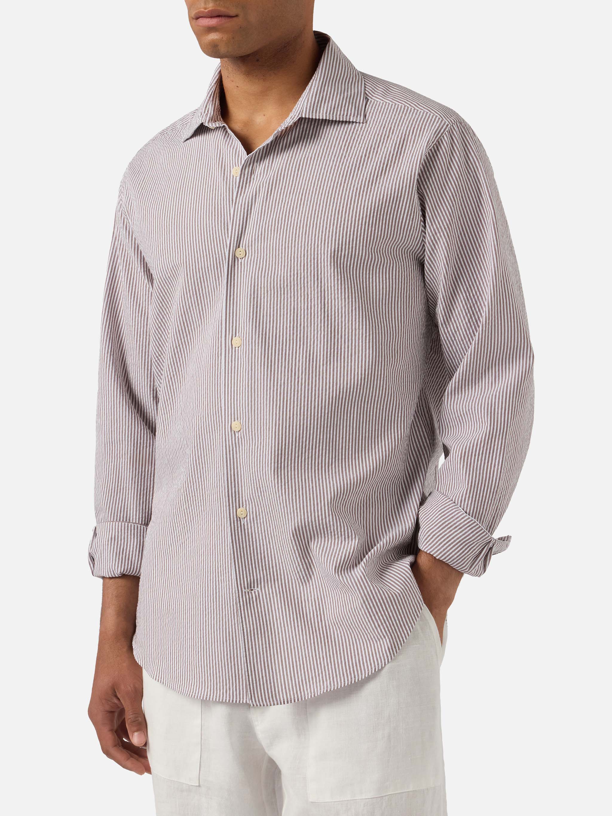 mc2-saint-barth-camicia-pamplona-uomo-seersucker-righe-marroni-maniche-lunghe image 1