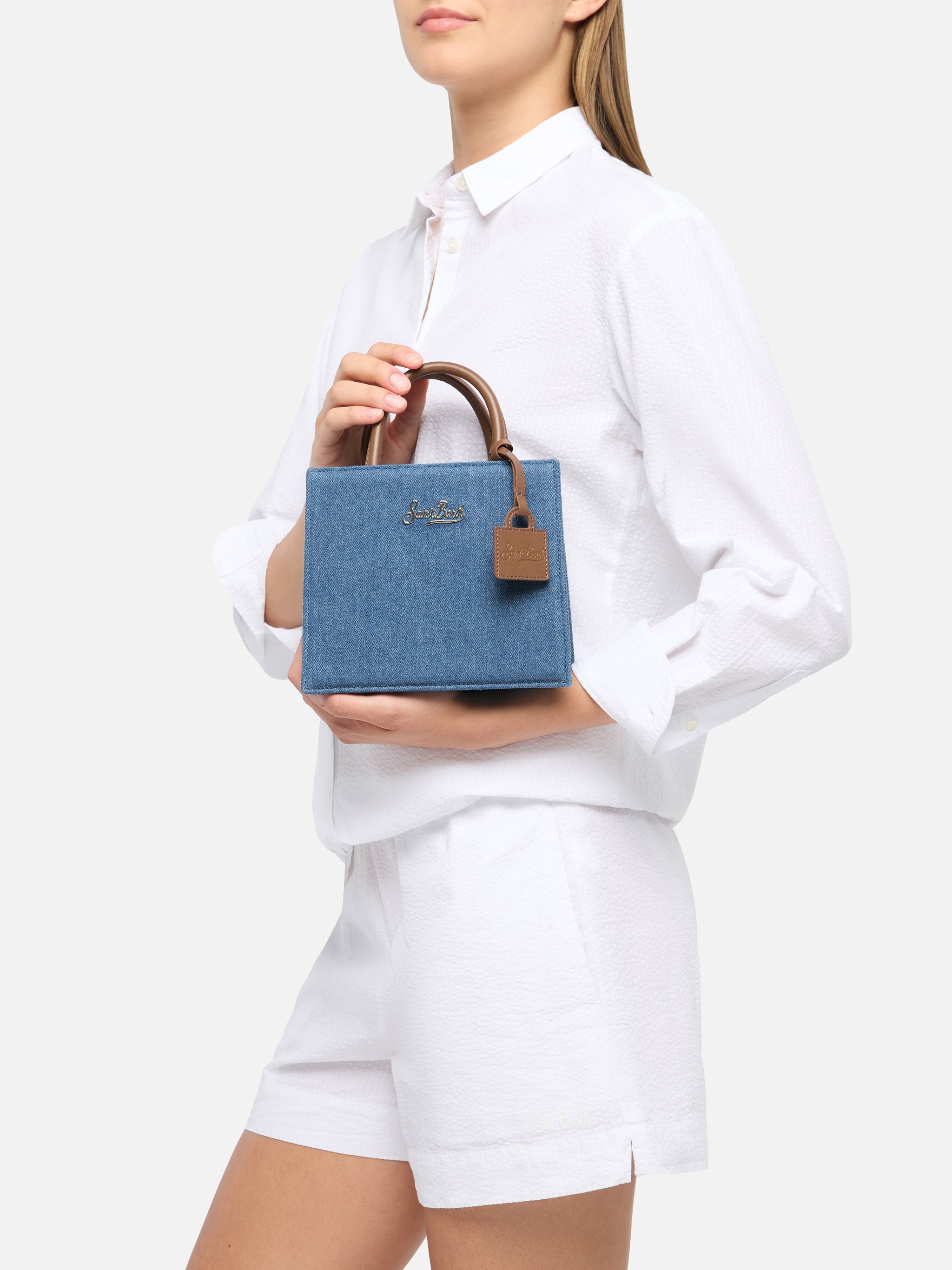 mc2-saint-barth-borsa-shop-mini-strutturata-denim-pelle-blu-marrone image 2