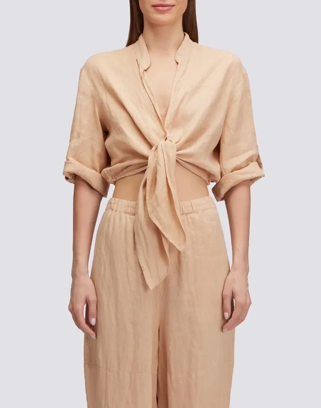 sundek-blusa-donna-in-lino-cropped-tinto-capo-con-nodo-e-collo-coreano image 1