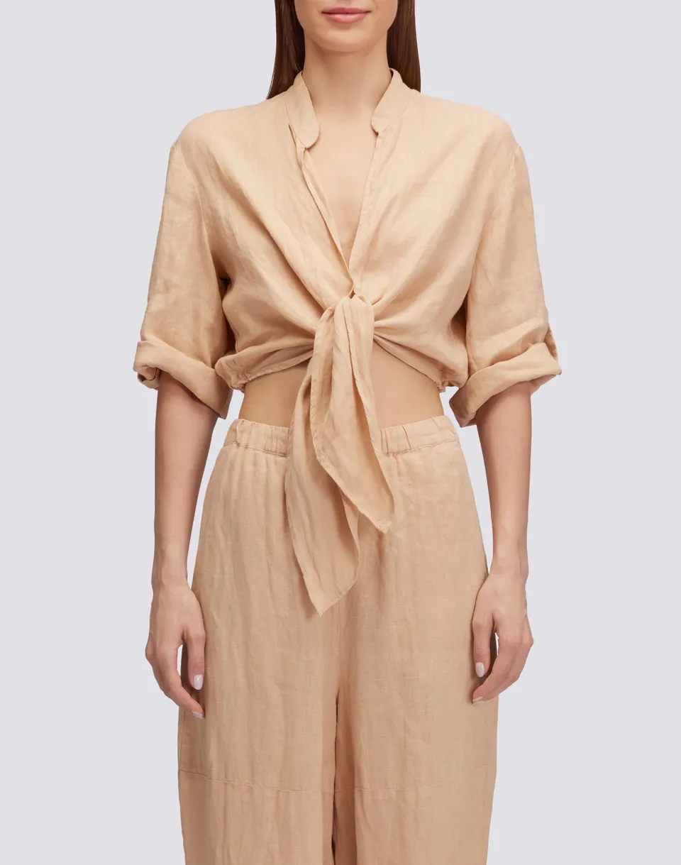 sundek-blusa-donna-in-lino-cropped-tinto-capo-con-nodo-e-collo-coreano image 1