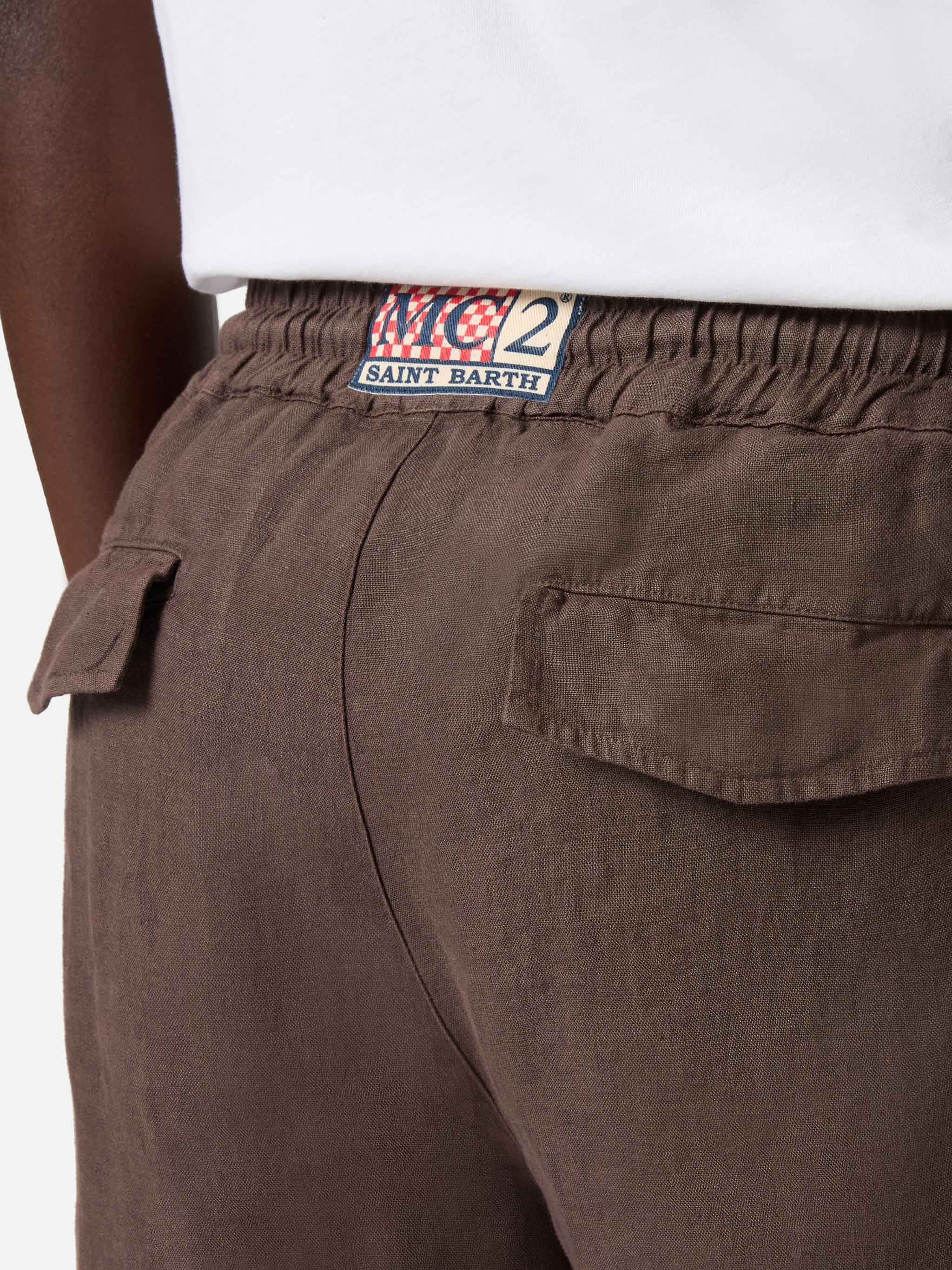 mc2-saint-barth-pantalone-calais-lungo-marrone-scuro-in-puro-lino image 4