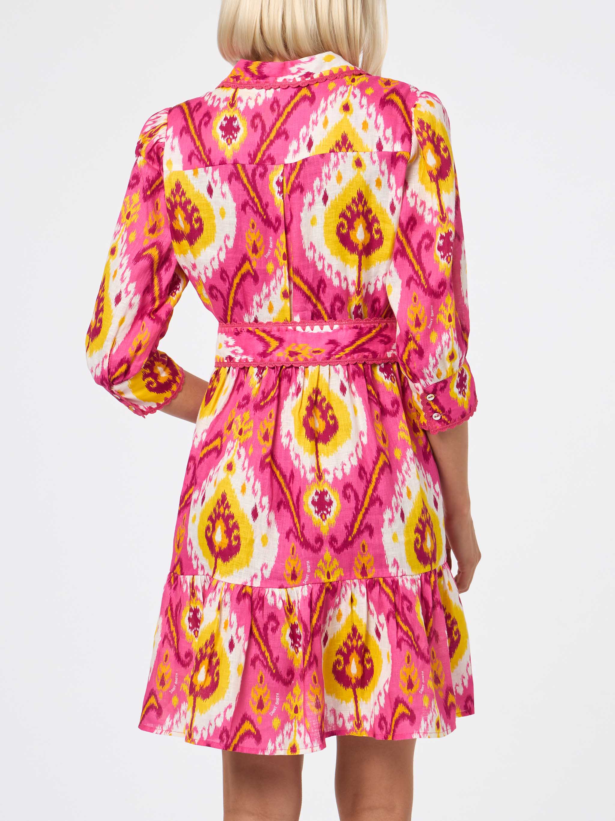 mc2-saint-barth-abito-corto-daisi-in-lino-fucsia-e-giallo-fantasia-ikat image 2