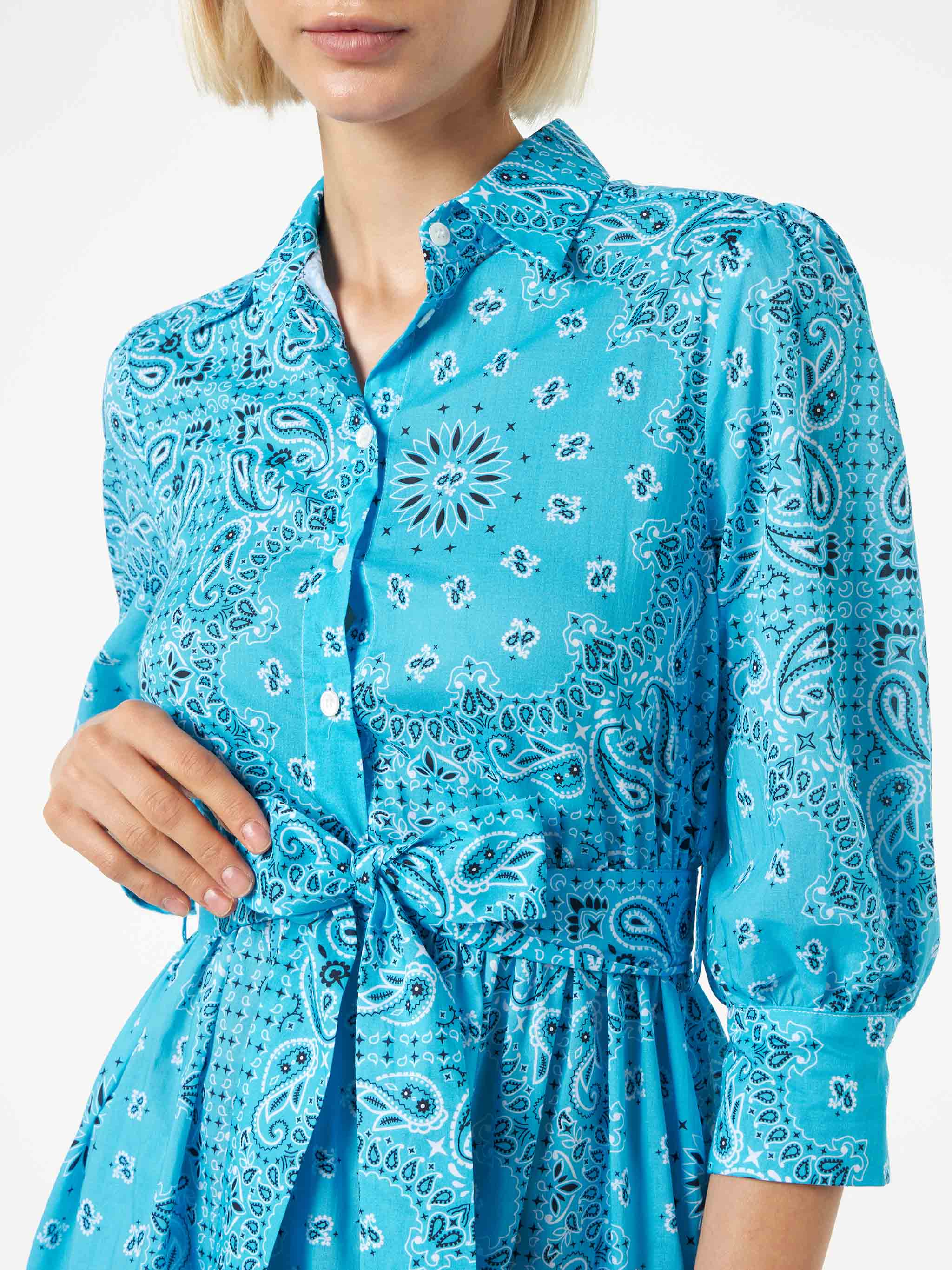 mc2-saint-barth-abito-corto-donna-cotone-stampa-bandana-turchese-con-cintura image 3