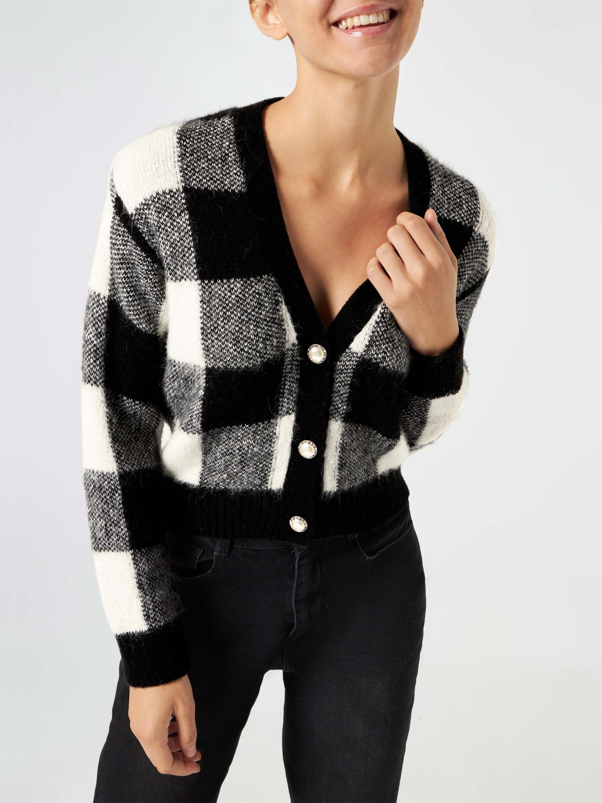 cardigan-corto-donna-mc2-saint-barth-megeve-fantasia-vichy-bottoni-gioiello image 2