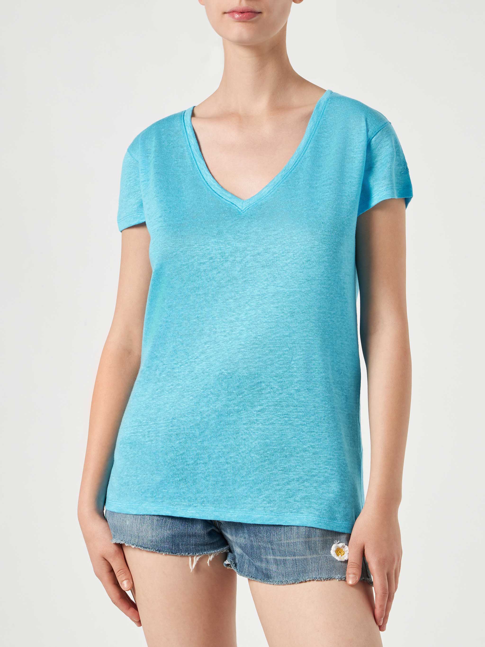 mc2-saint-barth-eloise-t-shirt-donna-in-lino-turchese-scollo-a-v image 1