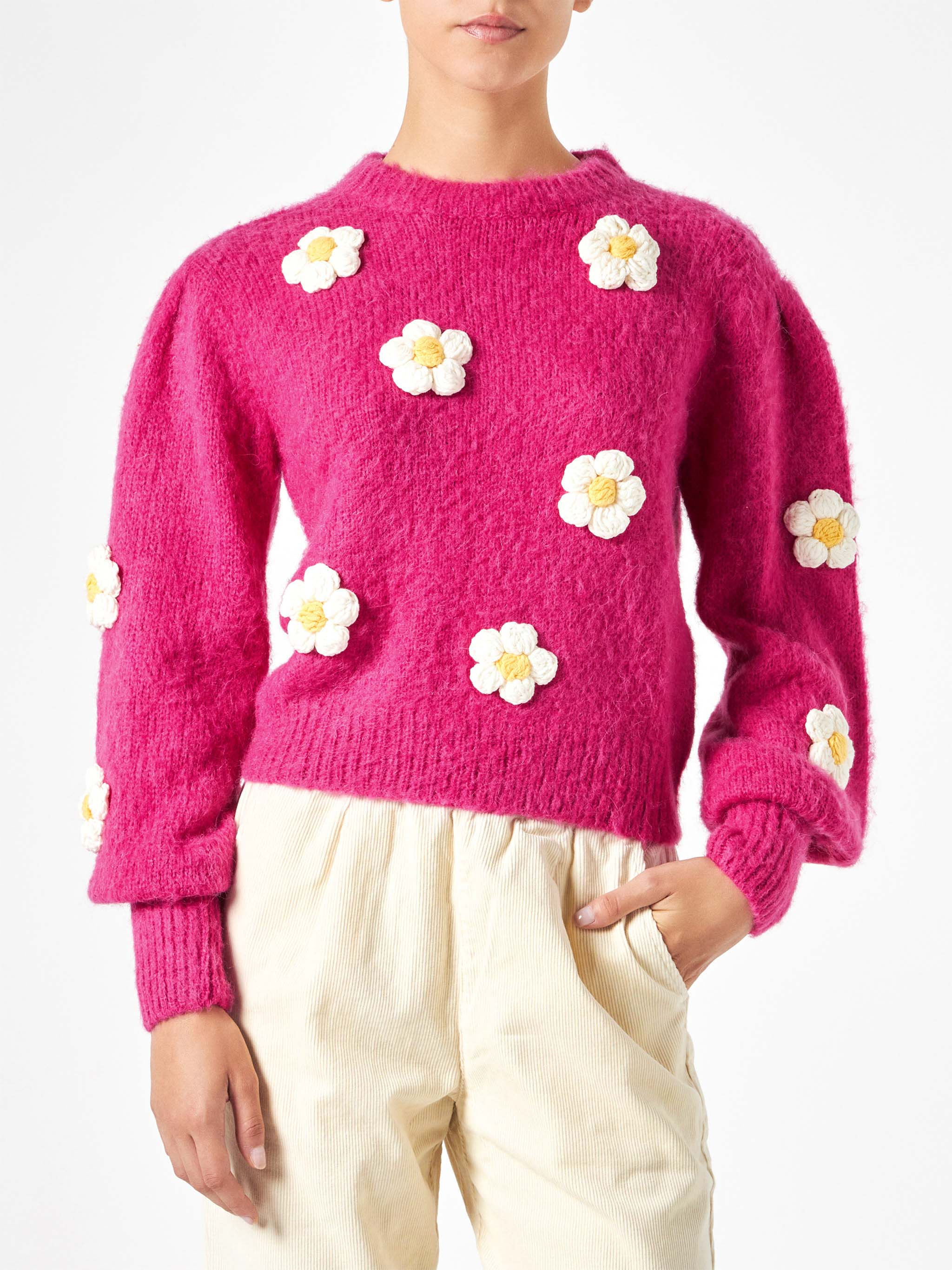 maglia-mc2-saint-barth-bloom-in-filato-spazzolato-fucsia-con-fiori-crochet image 1