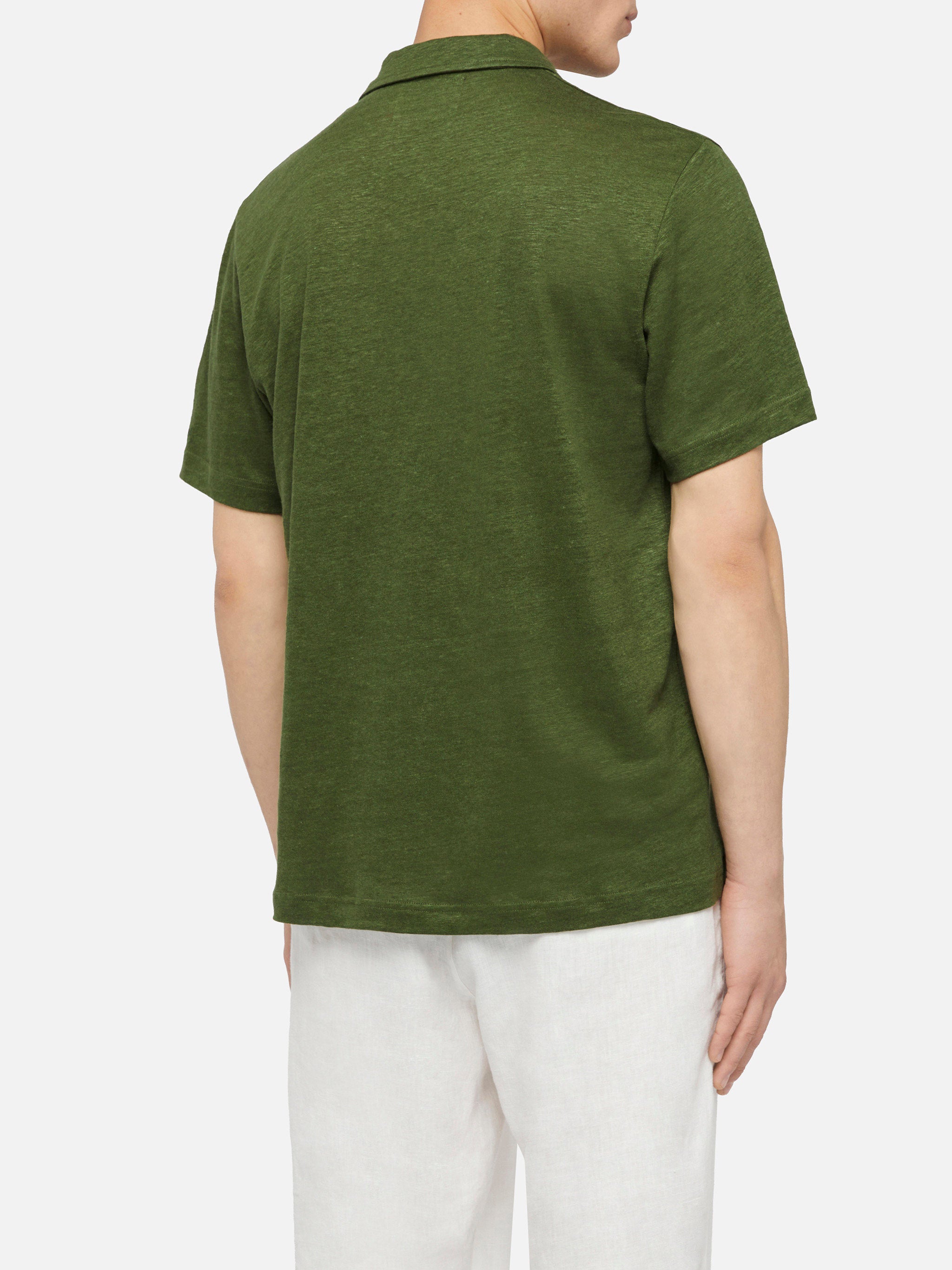 mc2-saint-barth-fraser-polo-uomo-in-lino-verde-militare-senza-bottoni image 3