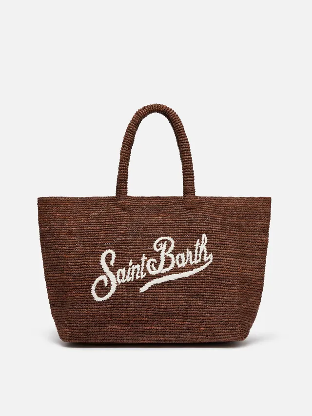 mc2-saint-barth-borsa-beach-in-raffia-marrone-con-logo-ricamato-a-contrasto-e-po image 1