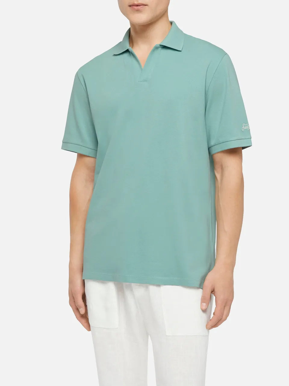 mc2-saint-barth-polo-charles-in-piquet-di-cotone-verde-salvia-senza-bottoni image 1