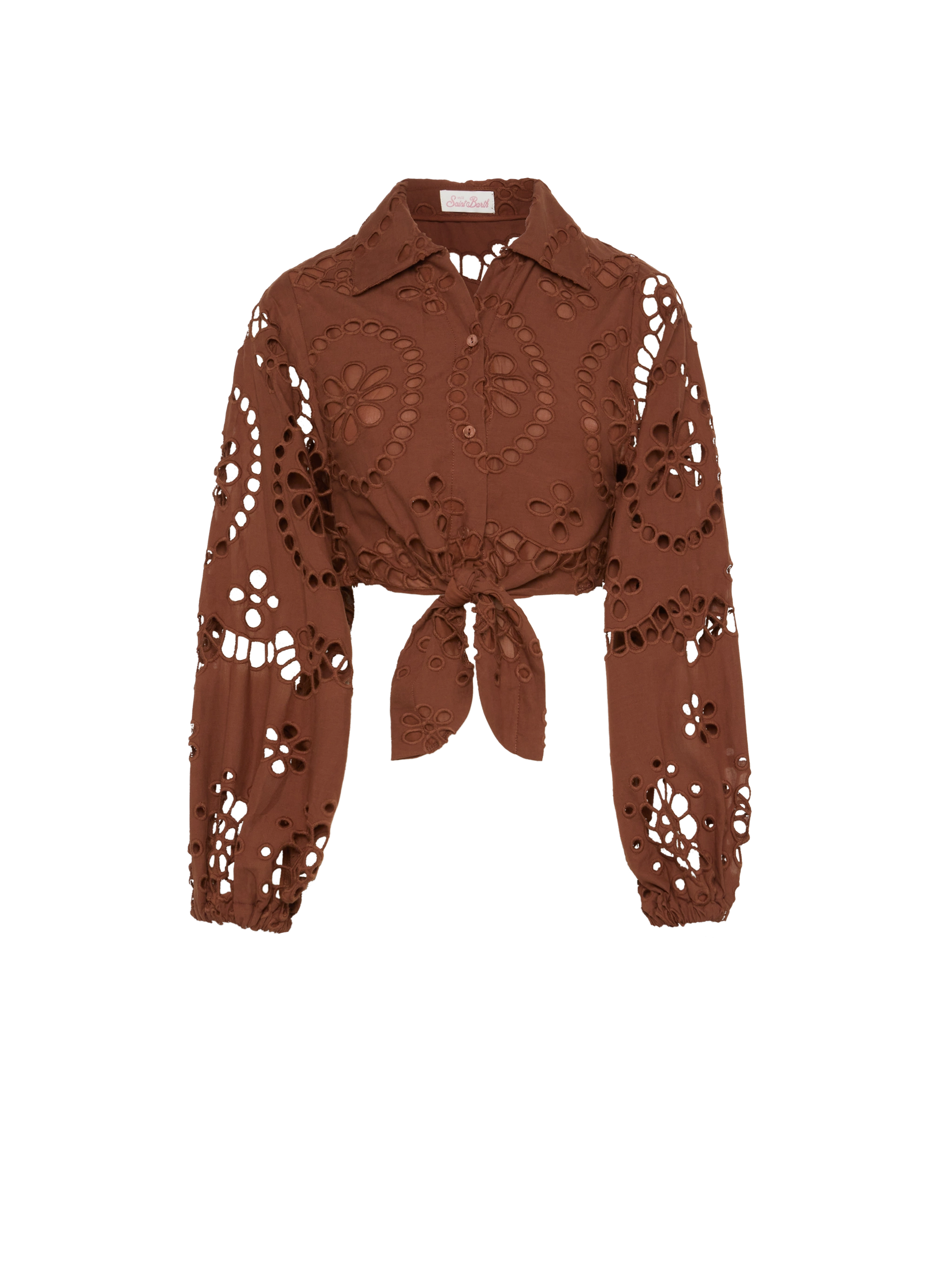 mc2-saint-barth-febe-camicia-corta-donna-pizzo-sangallo-cotone-marrone-cammello image 1