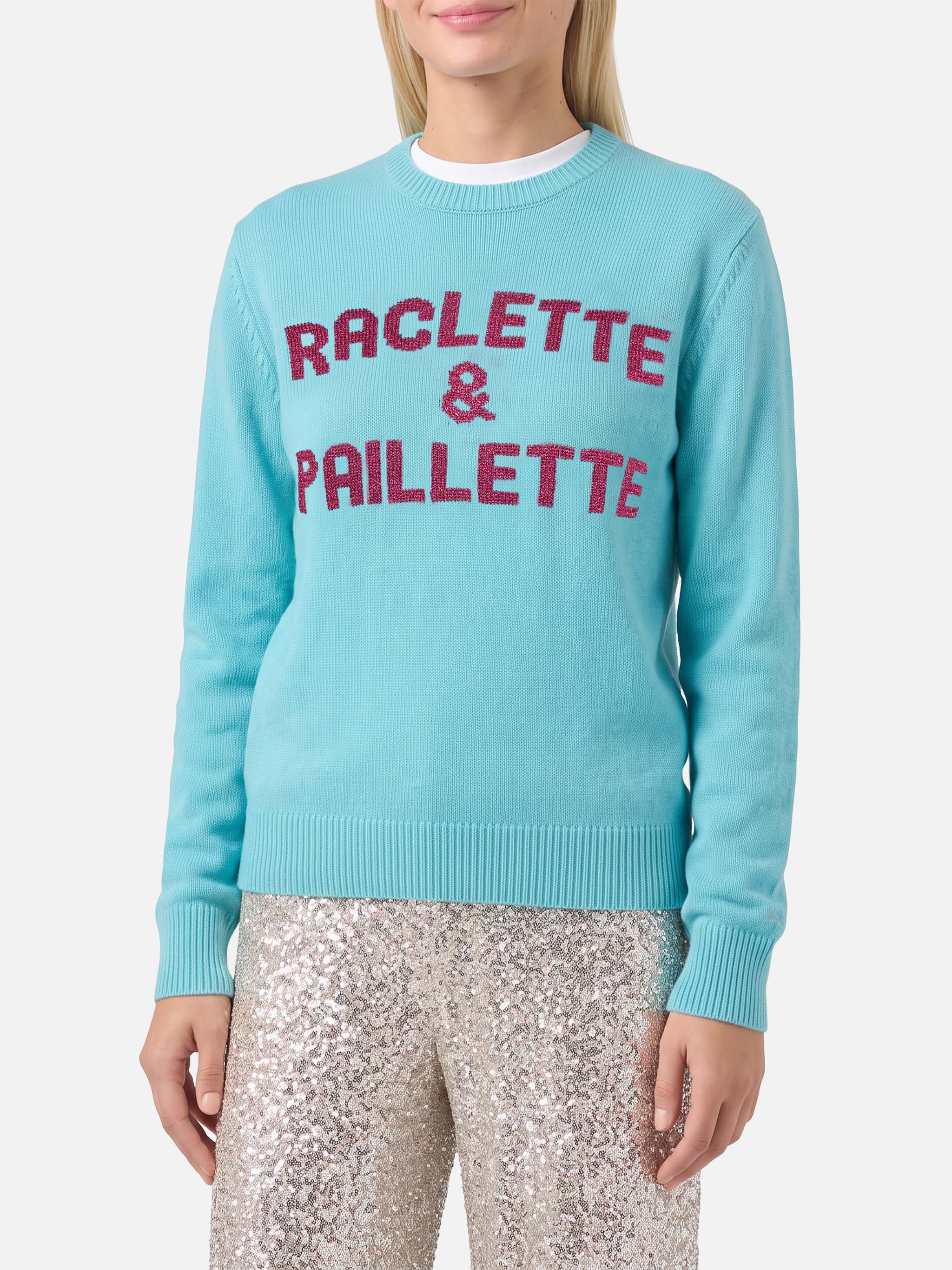 mc2-saint-barth-maglione-new-queen-verde-acqua-con-scritta-raclette-paillettes image 1