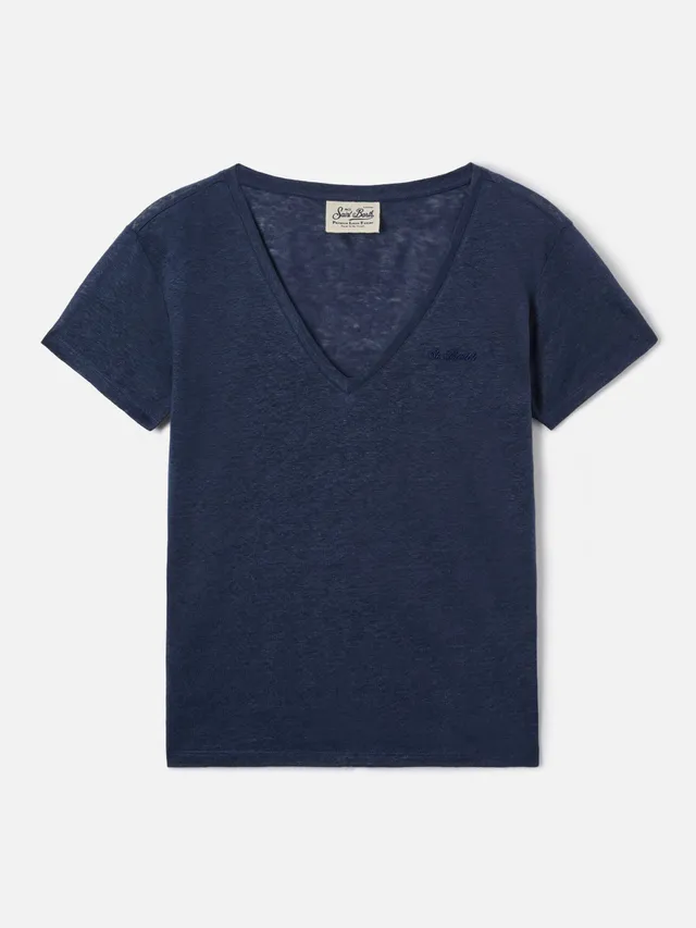 mc2-saint-barth-t-shirt-eloise-in-lino-blu-con-logo-ricamato image 1
