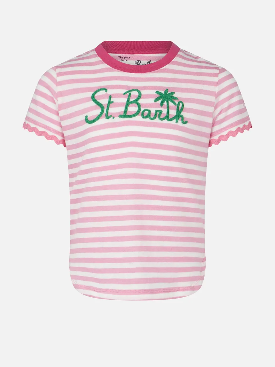 mc2-saint-barth-t-shirt-bambina-righe-fucsia-ricamo-st-barth image 1