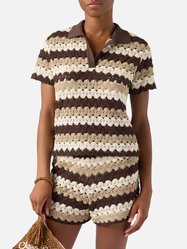 mc2-saint-barth-lala-polo-donna-crochet-a-righe-marrone-beige-panna image 1