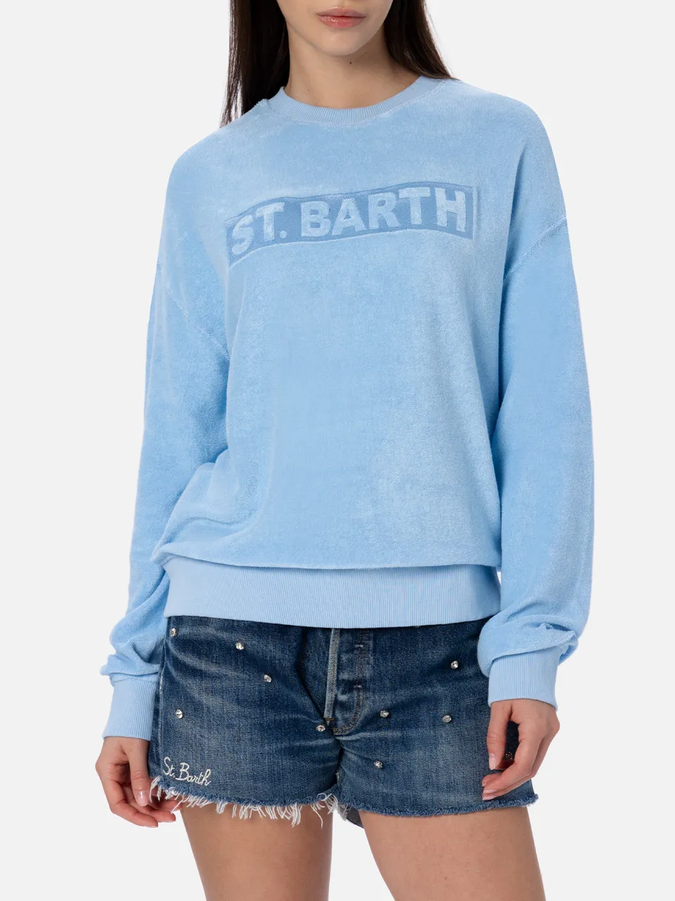 mc2-saint-barth-felpa-stardust-donna-azzurra-in-spugna-di-cotone-varsity image 1