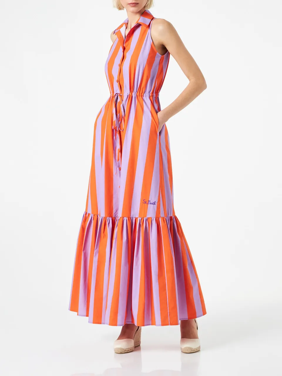 mc2-saint-barth-abito-lungo-ida-donna-in-cotone-a-righe-lilla-e-arancione image 1