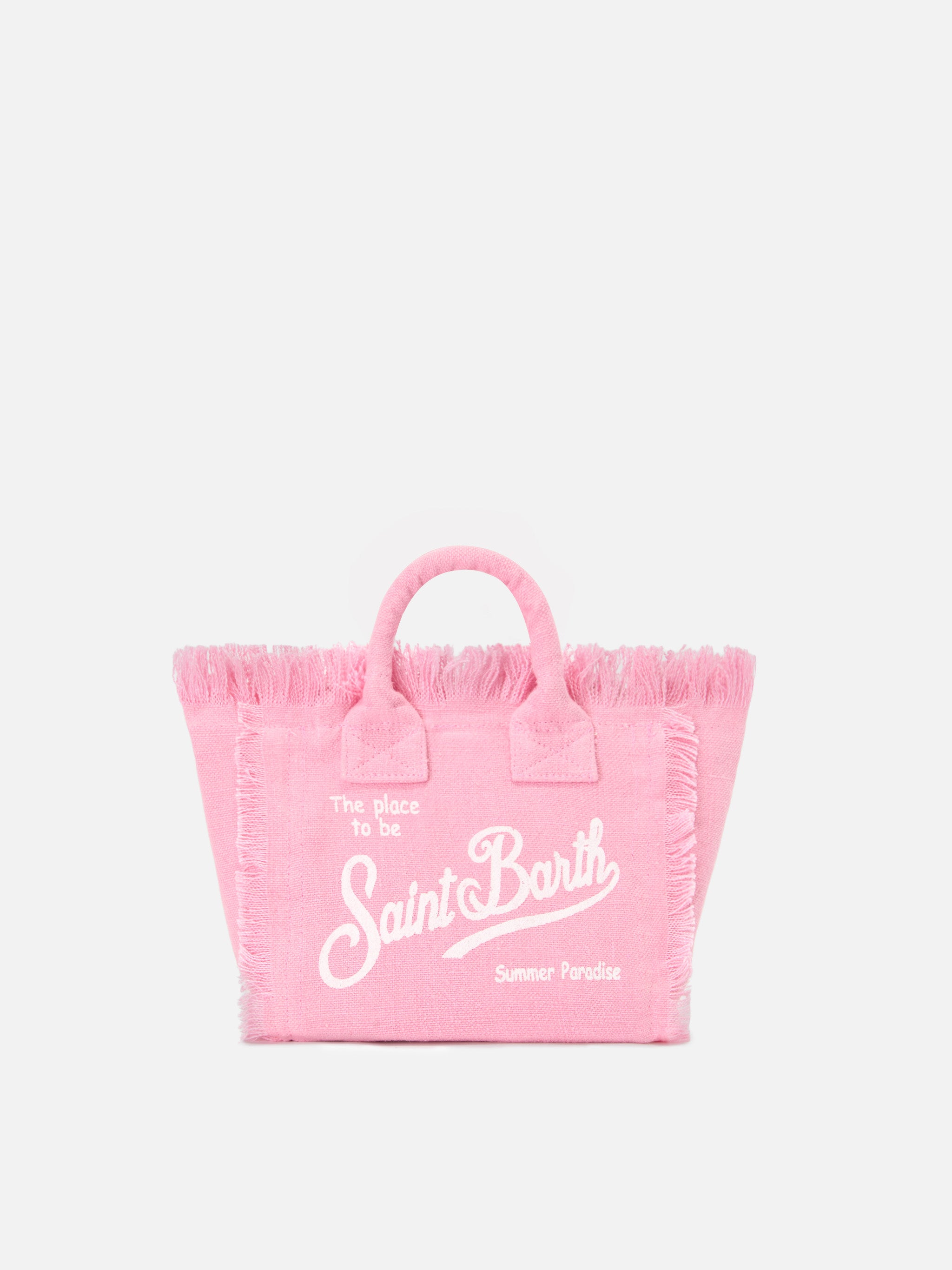 borsa-vanity-mini-mc2-saint-barth-in-lino-rosa-tinta-unita-con-frange-e-tracolla image 1