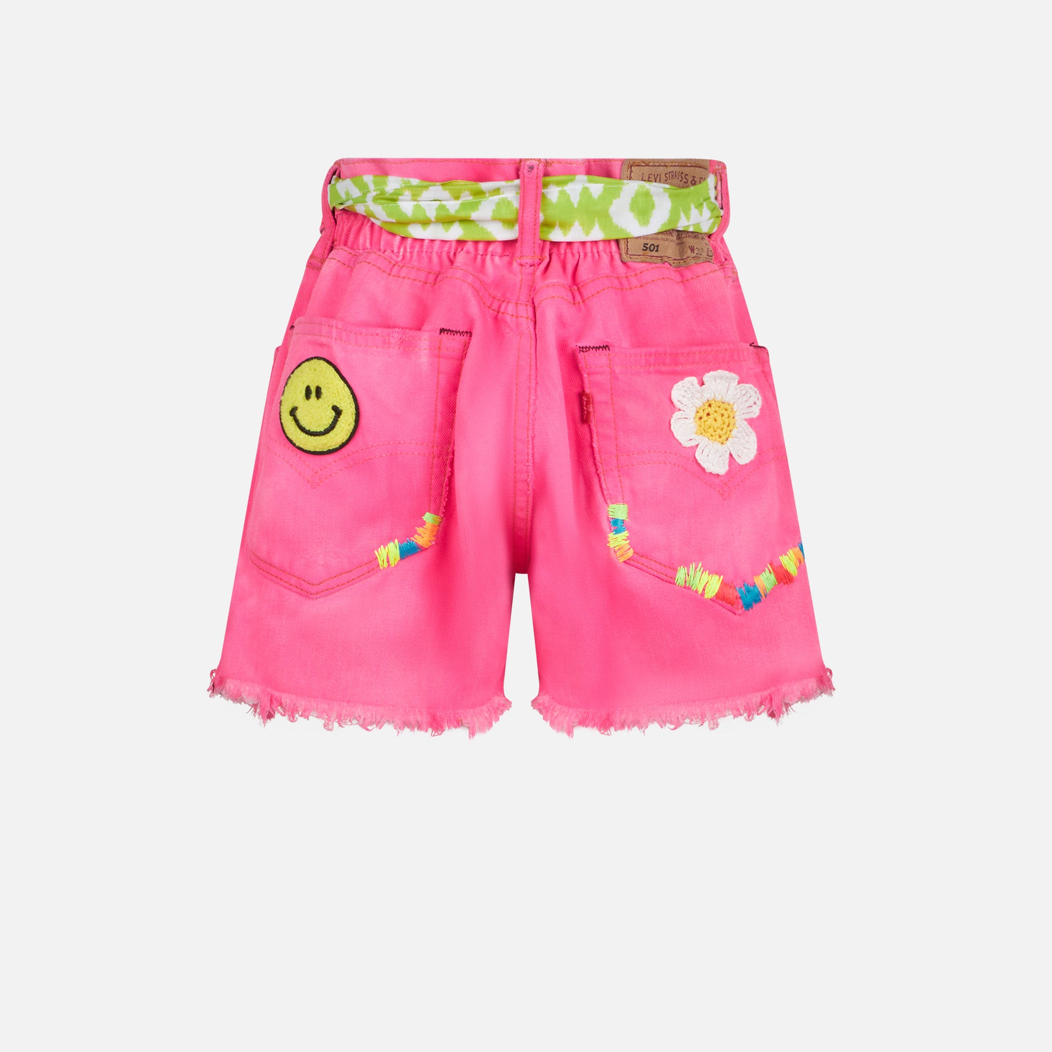 pantaloncini-da-bambina-mc2-saint-barth-in-denim-riciclato-rosa-fluo-con-ricami image 2