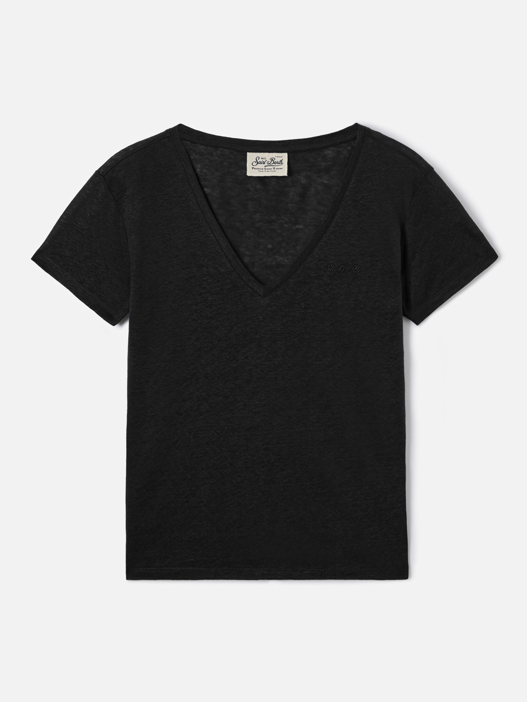 mc2-saint-barth-eloise-t-shirt-lino-nero-logo-ricamato-scollo-a-v image 1
