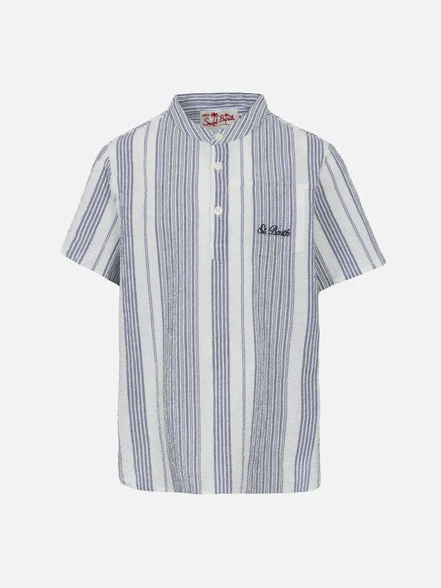 mc2-saint-barth-antiparos-camicia-bambino-in-seersucker-a-righe-blu-e-bianco image 1