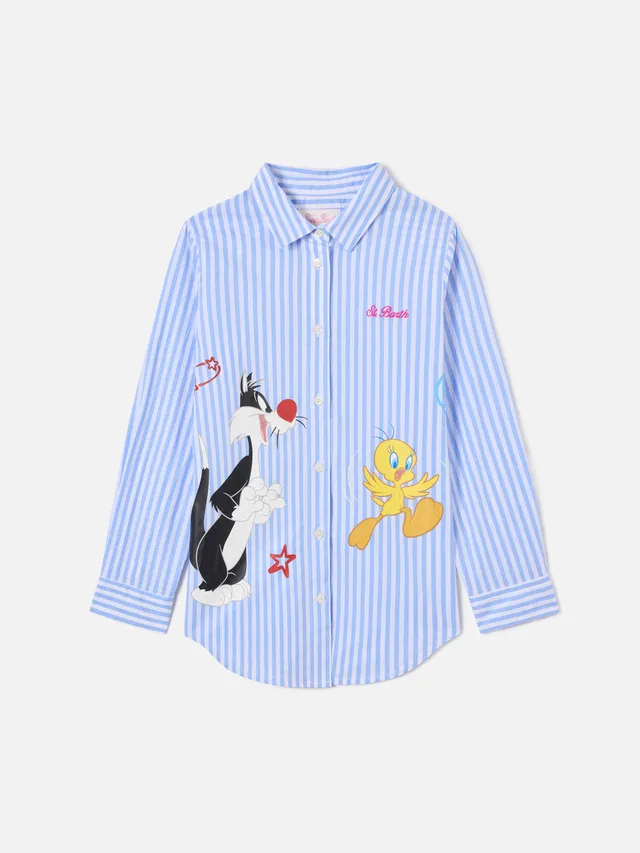 mc2-saint-barth-mini-brigitte-camicia-bambina-righe-bianche-azzurre-looney-tunes image 1