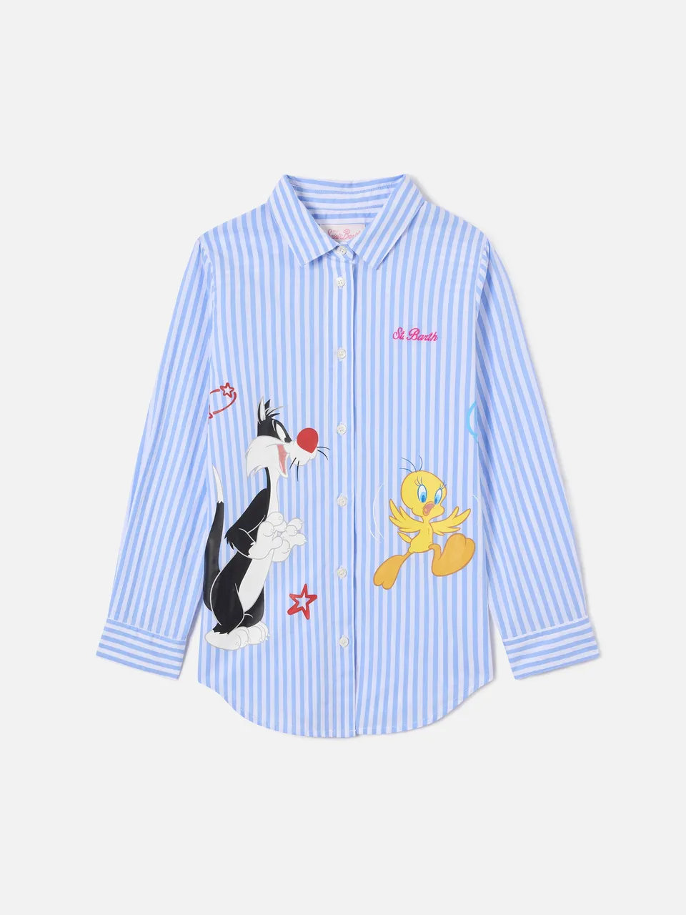 mc2-saint-barth-mini-brigitte-camicia-bambina-righe-bianche-azzurre-looney-tunes image 1