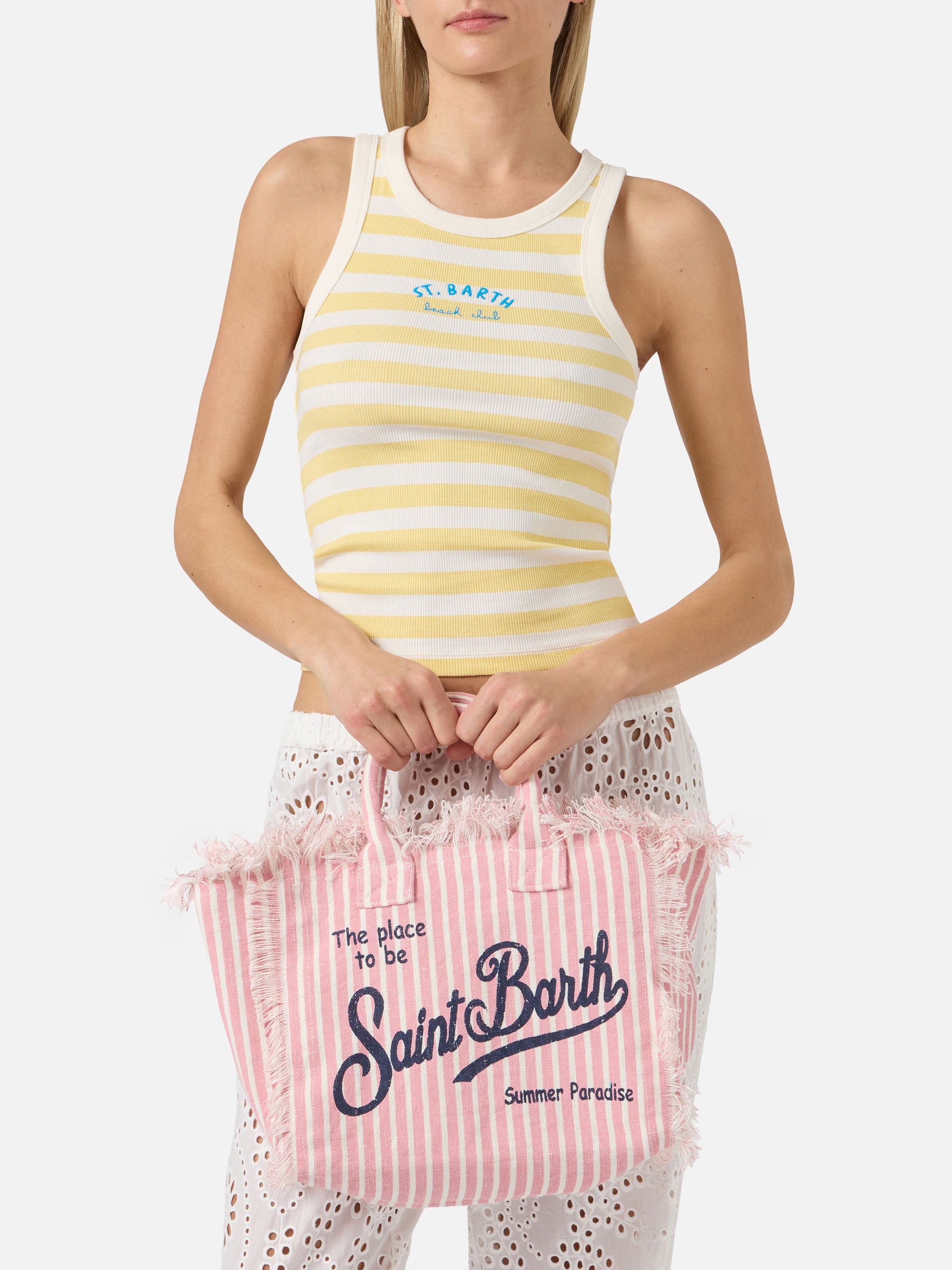 mc2-saint-barth-colette-borsa-in-lino-a-righe-rosa-e-bianche image 2