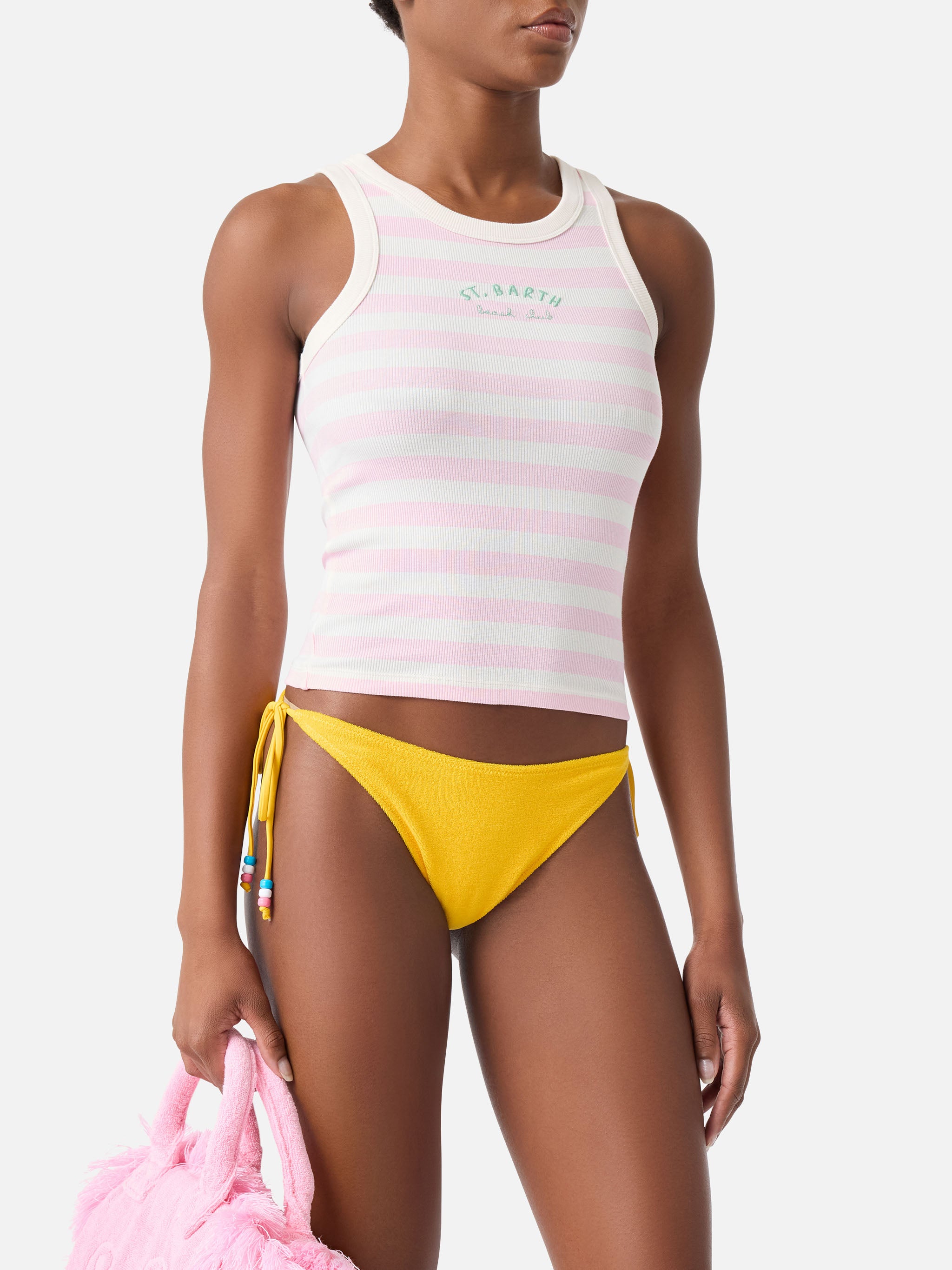 mc2-saint-barth-canottiera-ada-donna-righe-rosa-ricamo-beach-club image 2