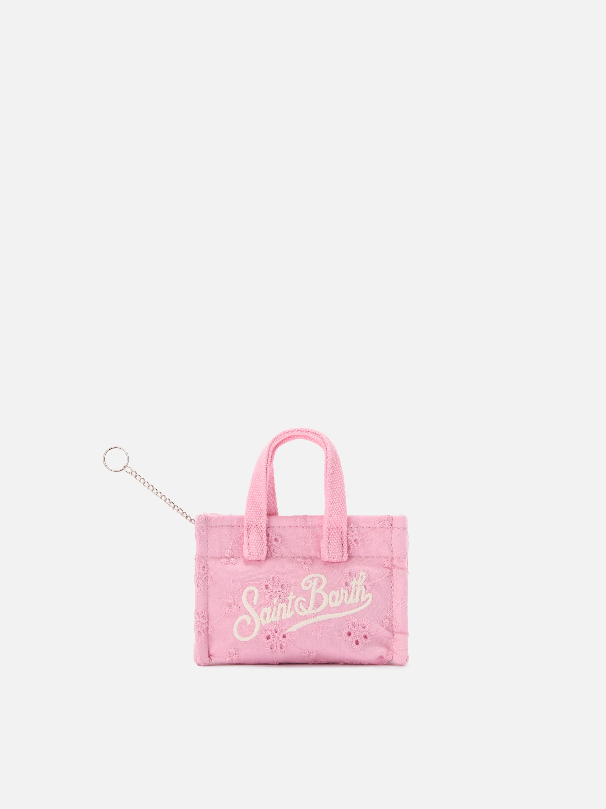 mc2-saint-barth-keychain-mini-borsa-in-cotone-sangallo-rosa-con-logo-stampato image 1