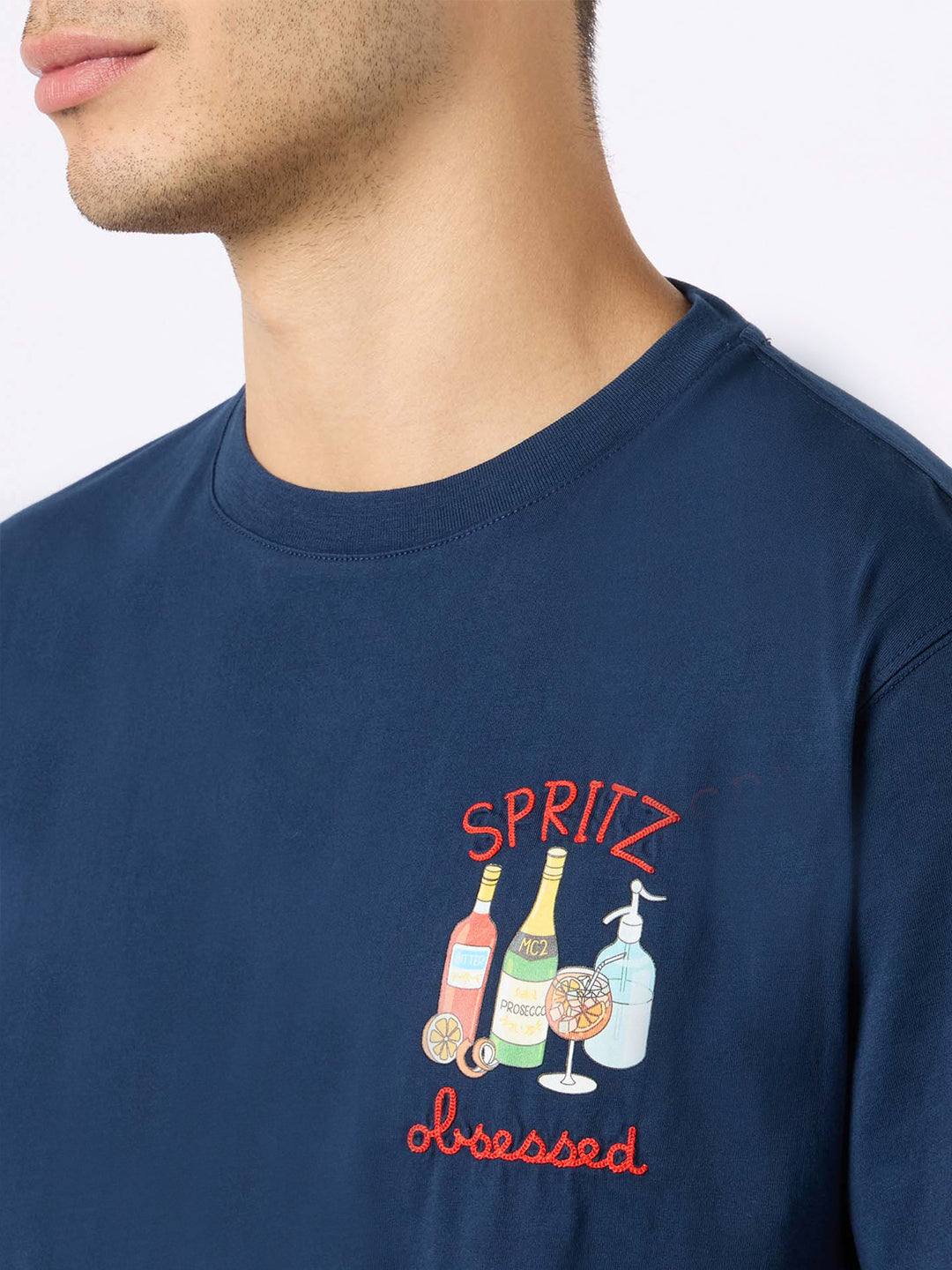 mc2-saint-barth-t-shirt-uomo-blu-con-ricamo-spritz-obsessed-cotone-puro-girocoll image 2