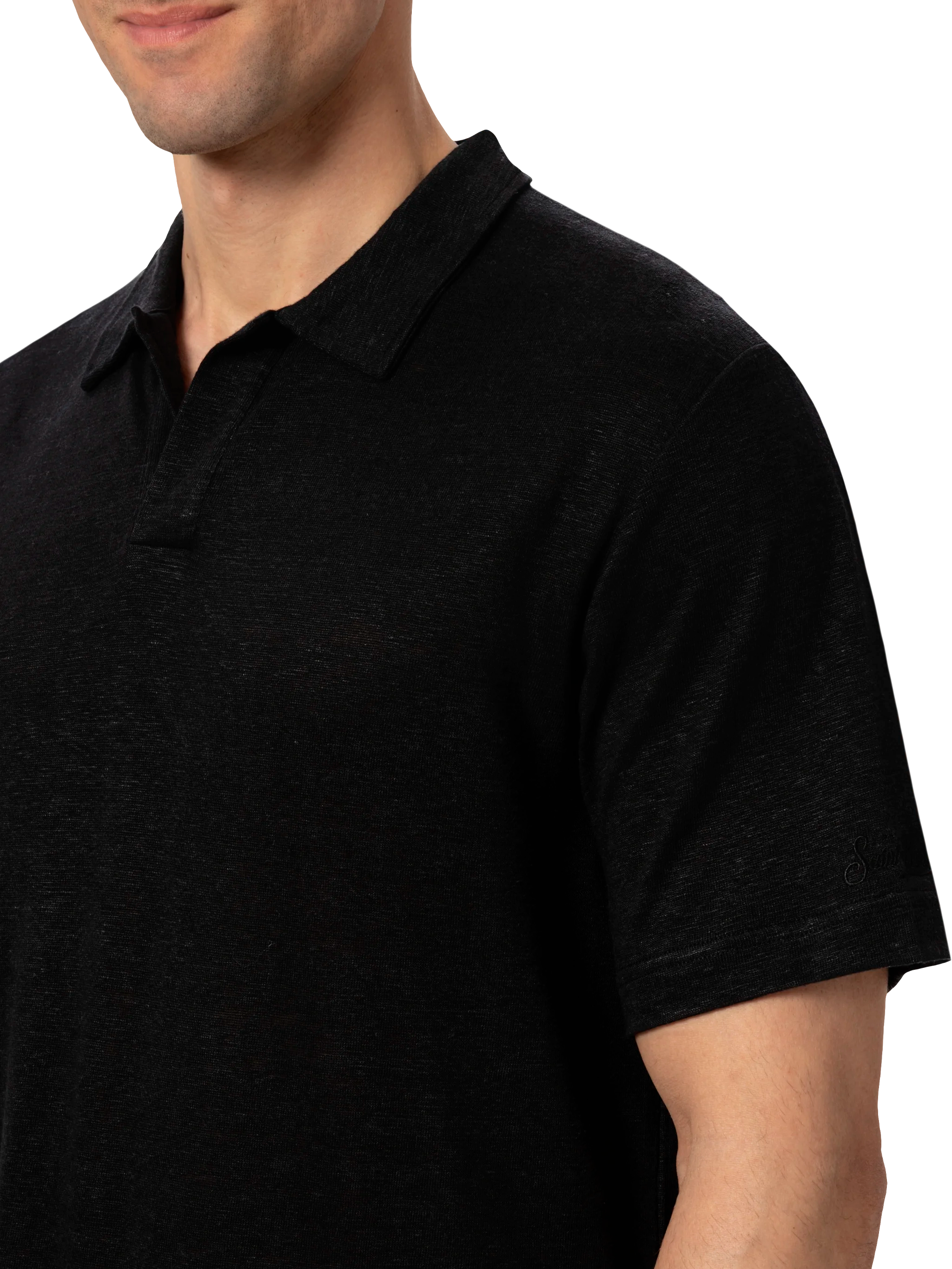 mc2-saint-barth-fraser-polo-uomo-in-lino-nero-senza-bottoni image 2