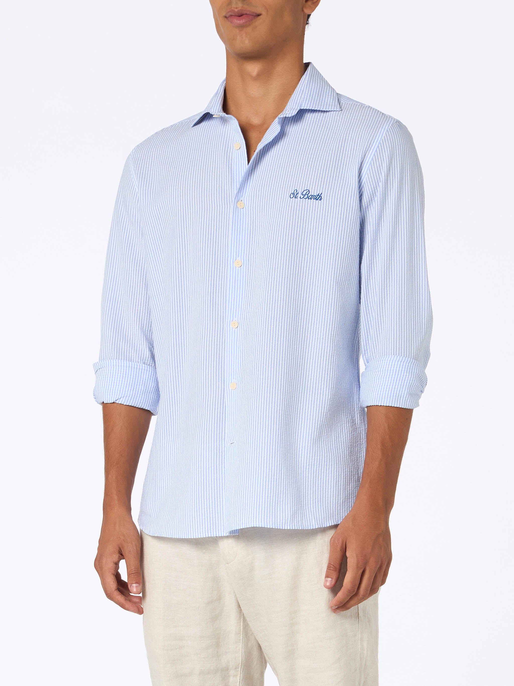 mc2-saint-barth-camicia-uomo-pamplona-in-cotone-seersucker-a-righe-azzurre image 1