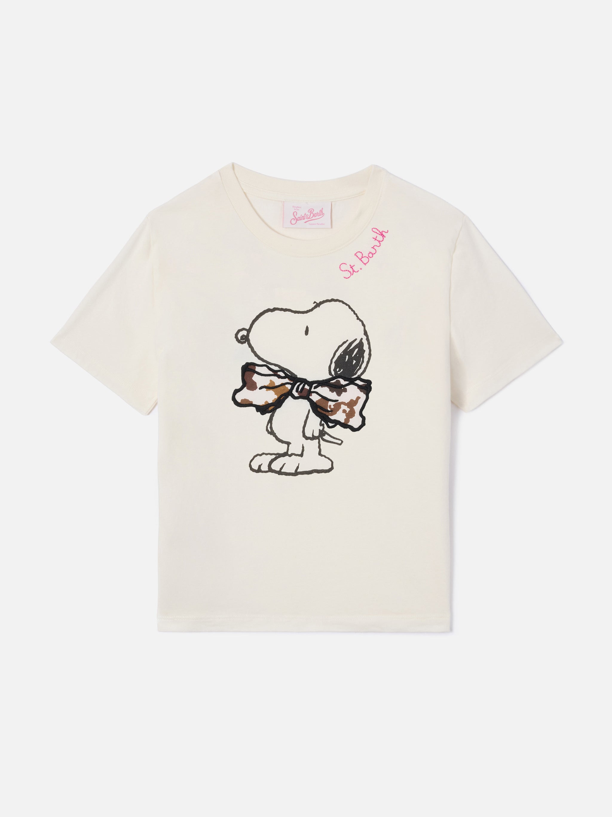 mc2-saint-barth-t-shirt-elly-bambina-in-cotone-panna-con-stampa-snoopy-e-fiocco- image 1