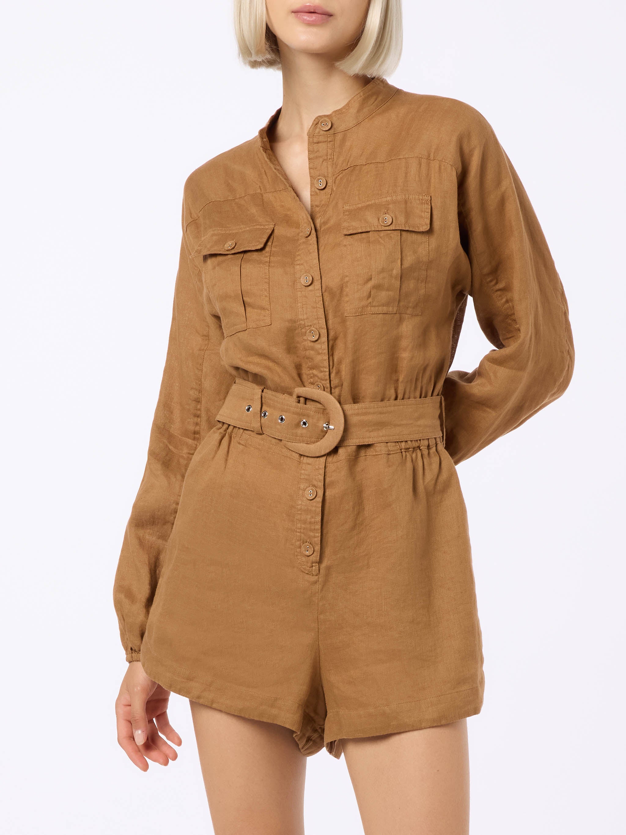 mc2-saint-barth-tuta-corta-hanniel-in-lino-cammello-tuta-donna-con-tasche-e-vita image 1