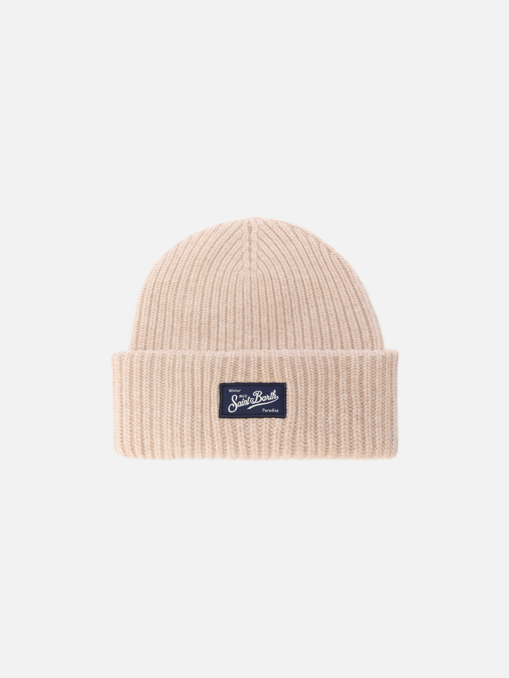 berretto-mc2-saint-barth-berry-a-coste-beige-con-patch-logo-misto-lana-e-cashmer image 1