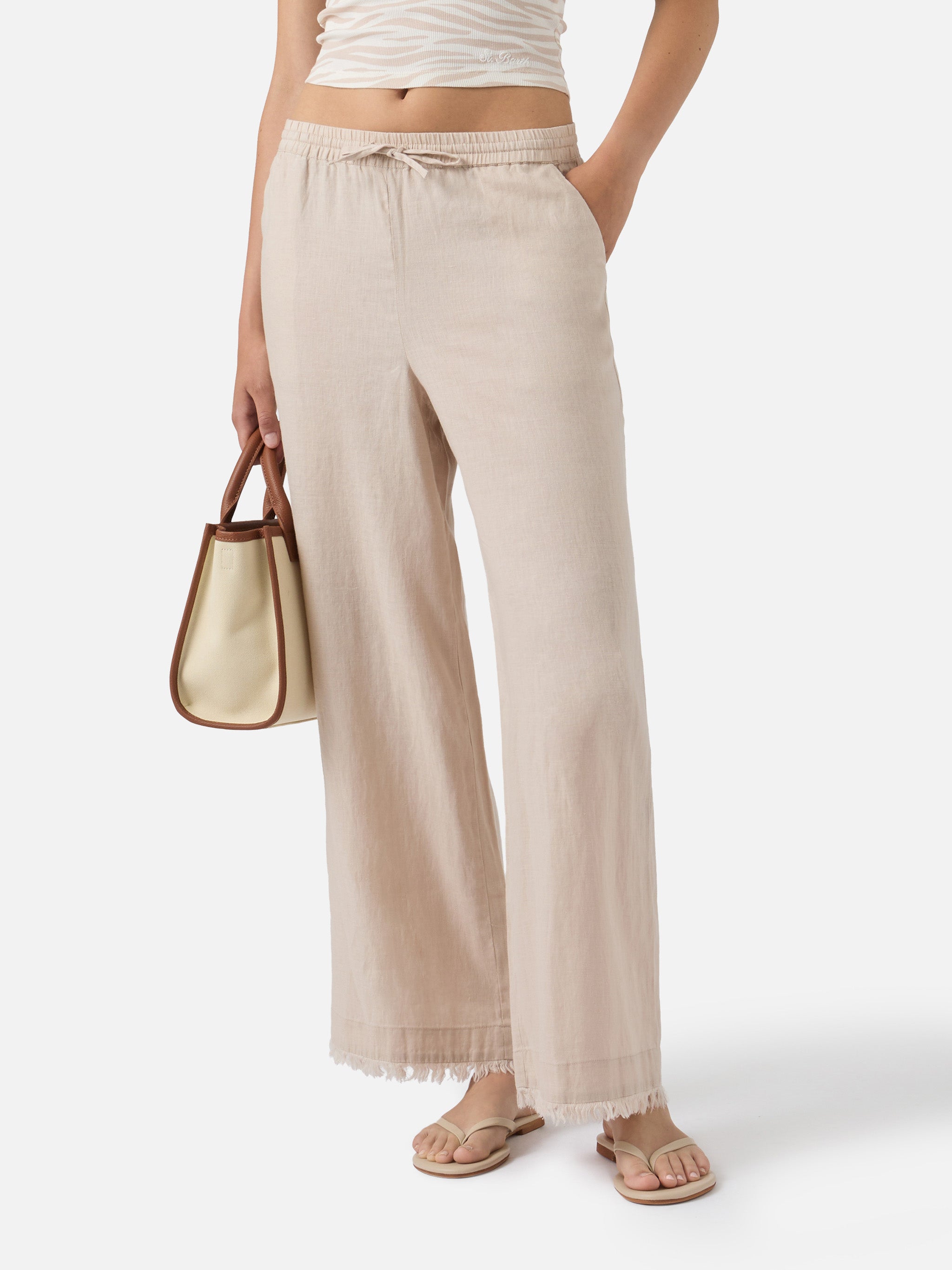 mc2-saint-barth-irma-pantaloni-donna-in-lino-beige-fondo-sfrangiato image 1