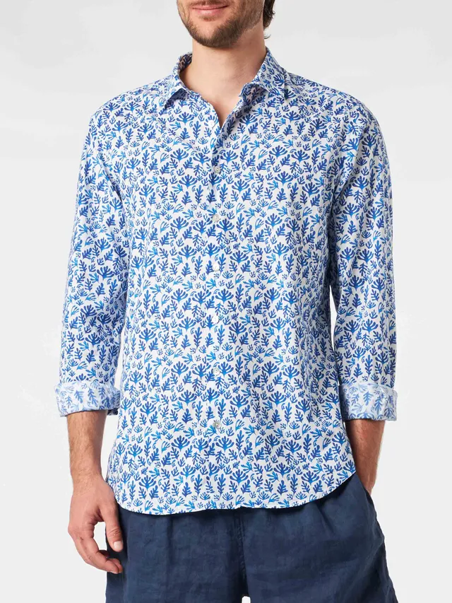 mc2-saint-barth-sikelia-camicia-uomo-cotone-mussola-stampa-foglie-blu image 1